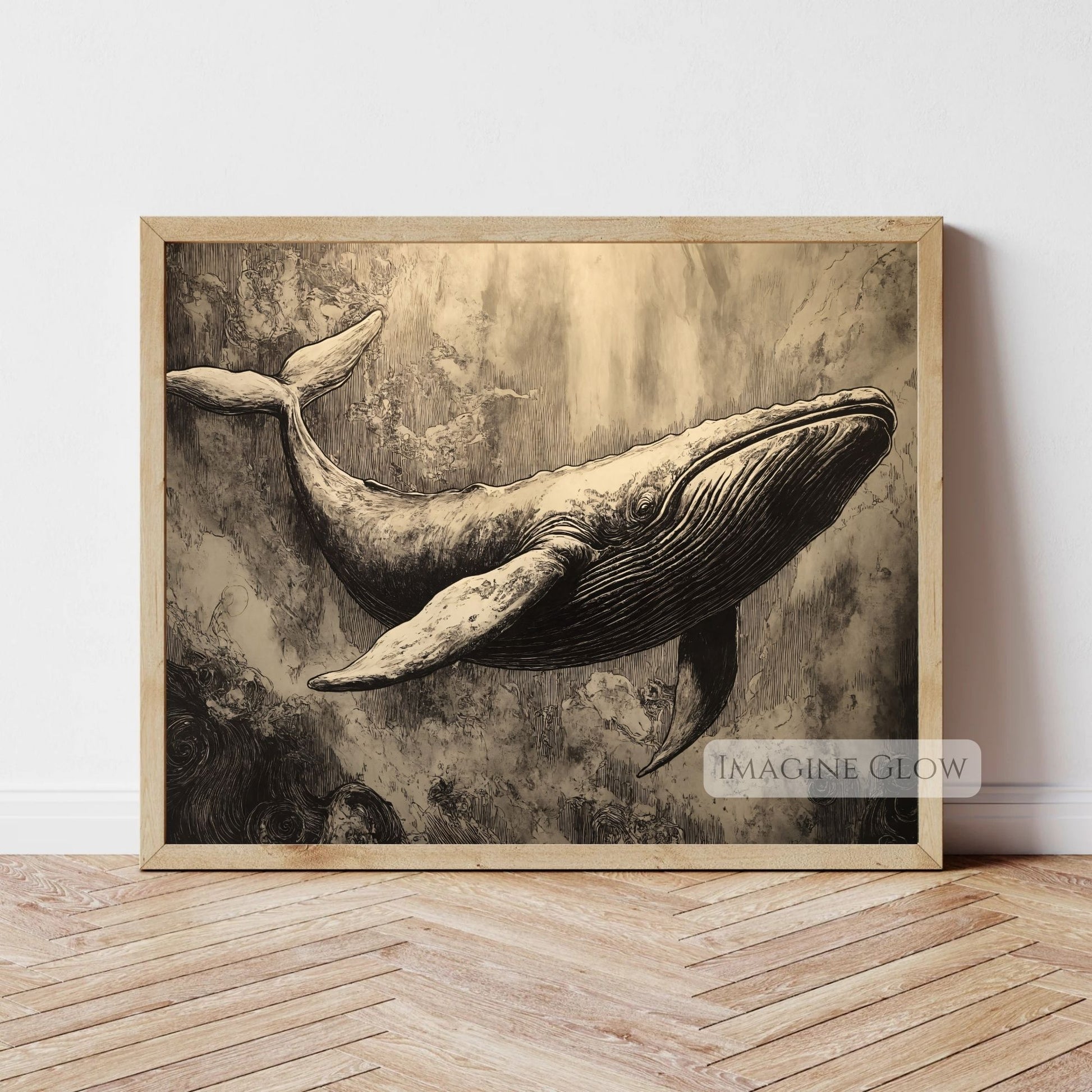 Hand-drawn whale illustration for coastal decor.