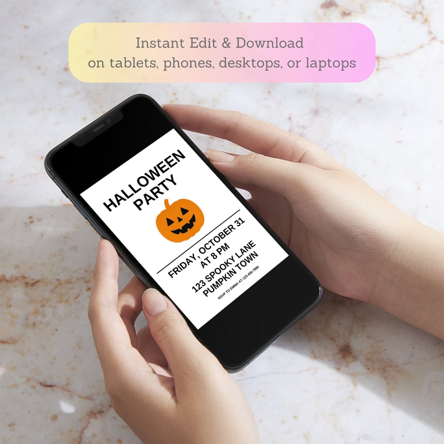Phone displaying a Halloween party invitation with text
