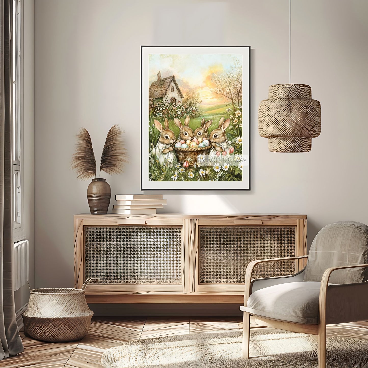 Baby rabbits egg hunting in a meadow vintage artwork.