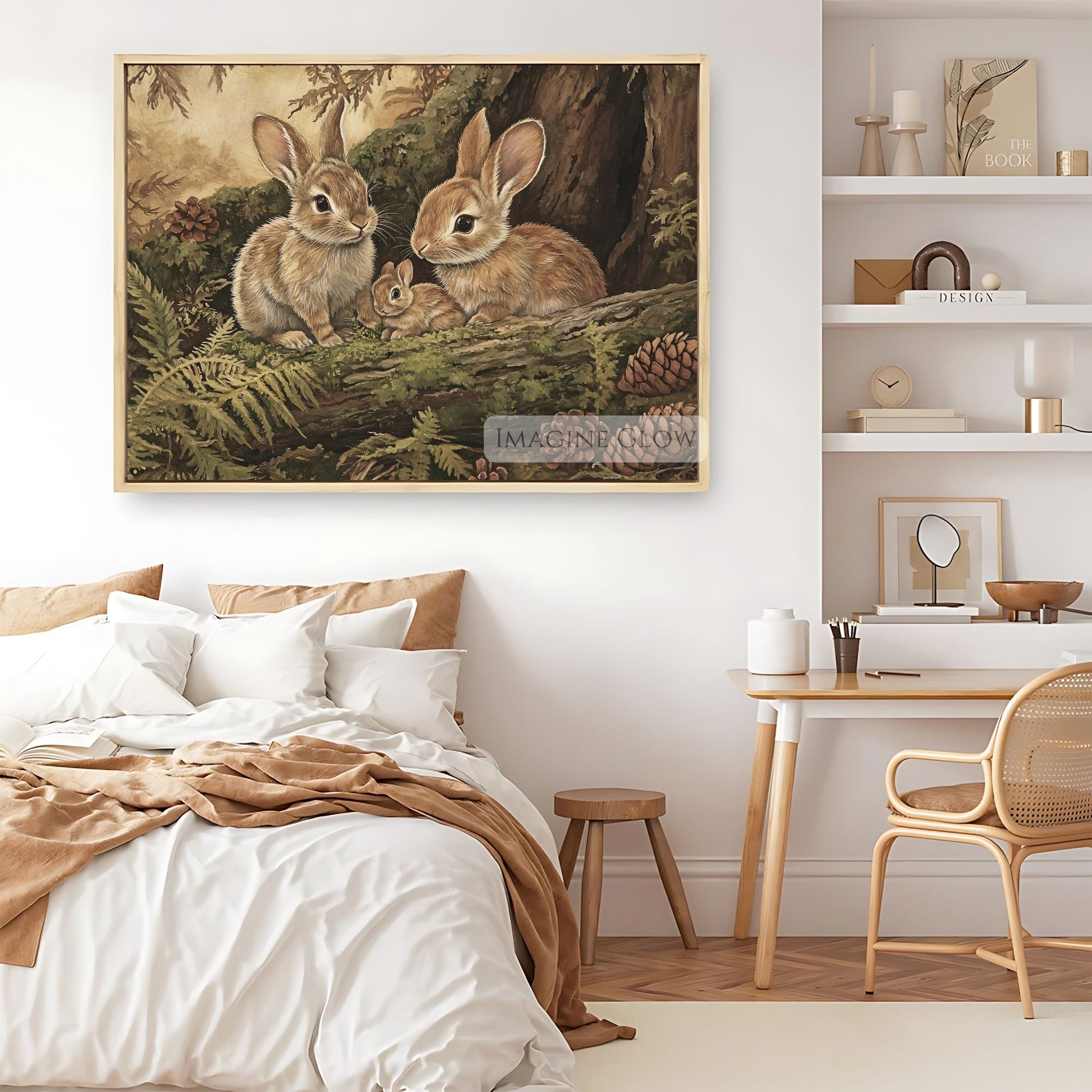 Countryside forest scene with rabbit family artwork.