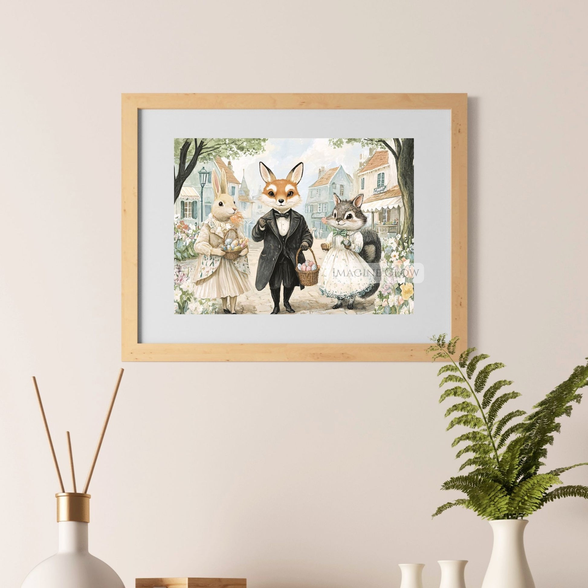 Antique Bunny and Fox Art with Easter Basket
