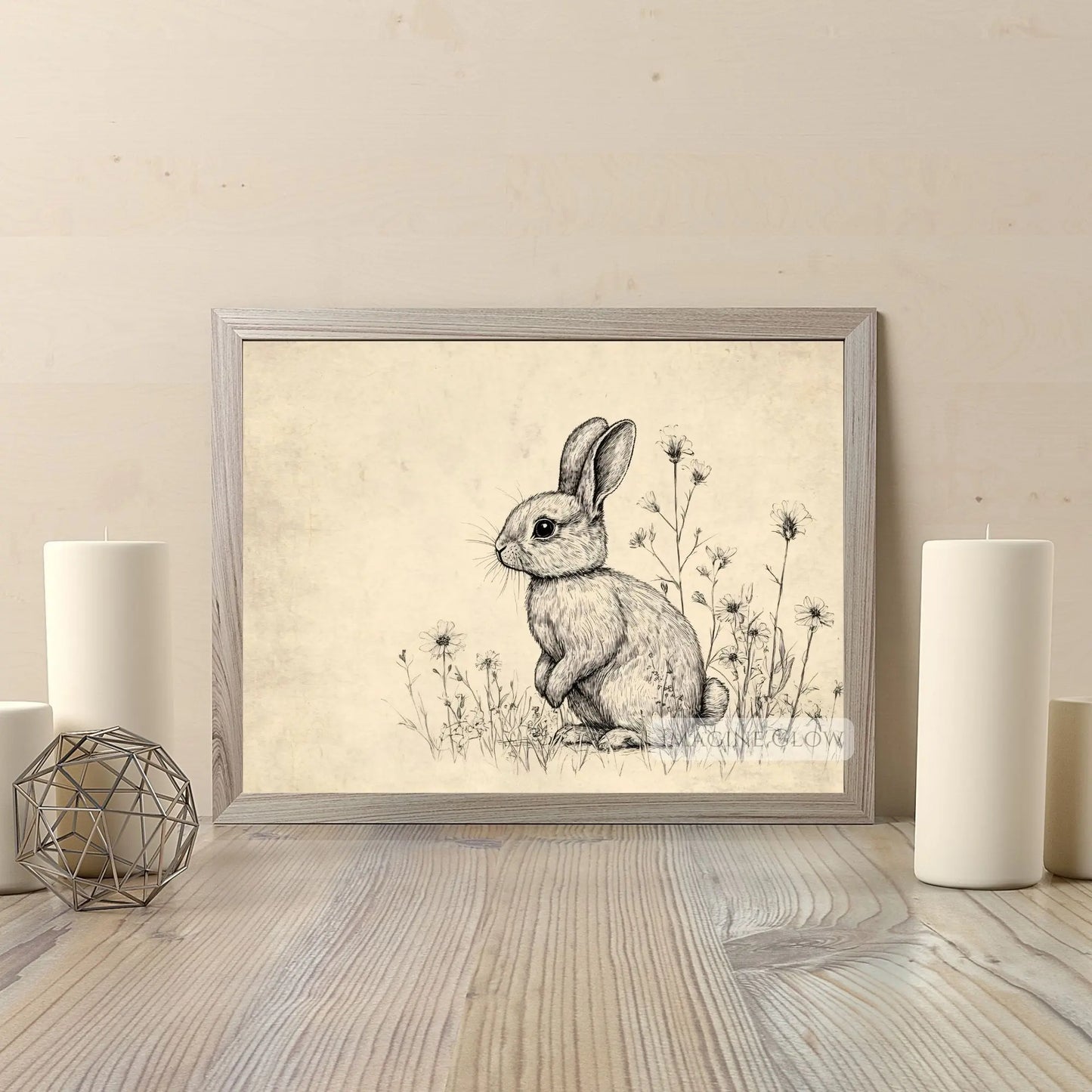 Bunny in a meadow surrounded by delicate wildflowers.