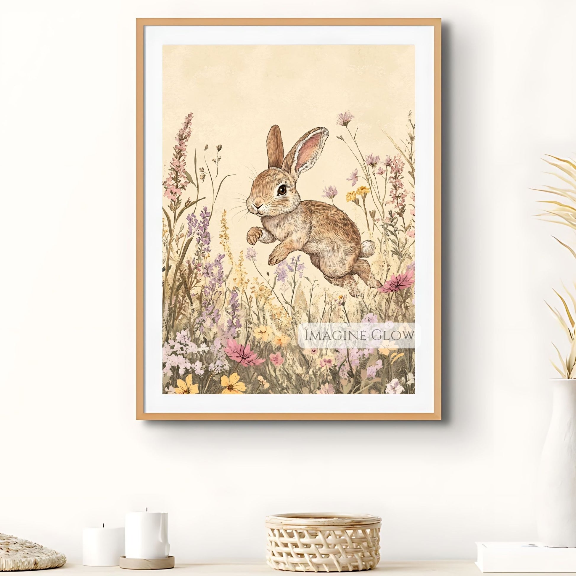 Pastoral bunny painting in a classic vintage style.