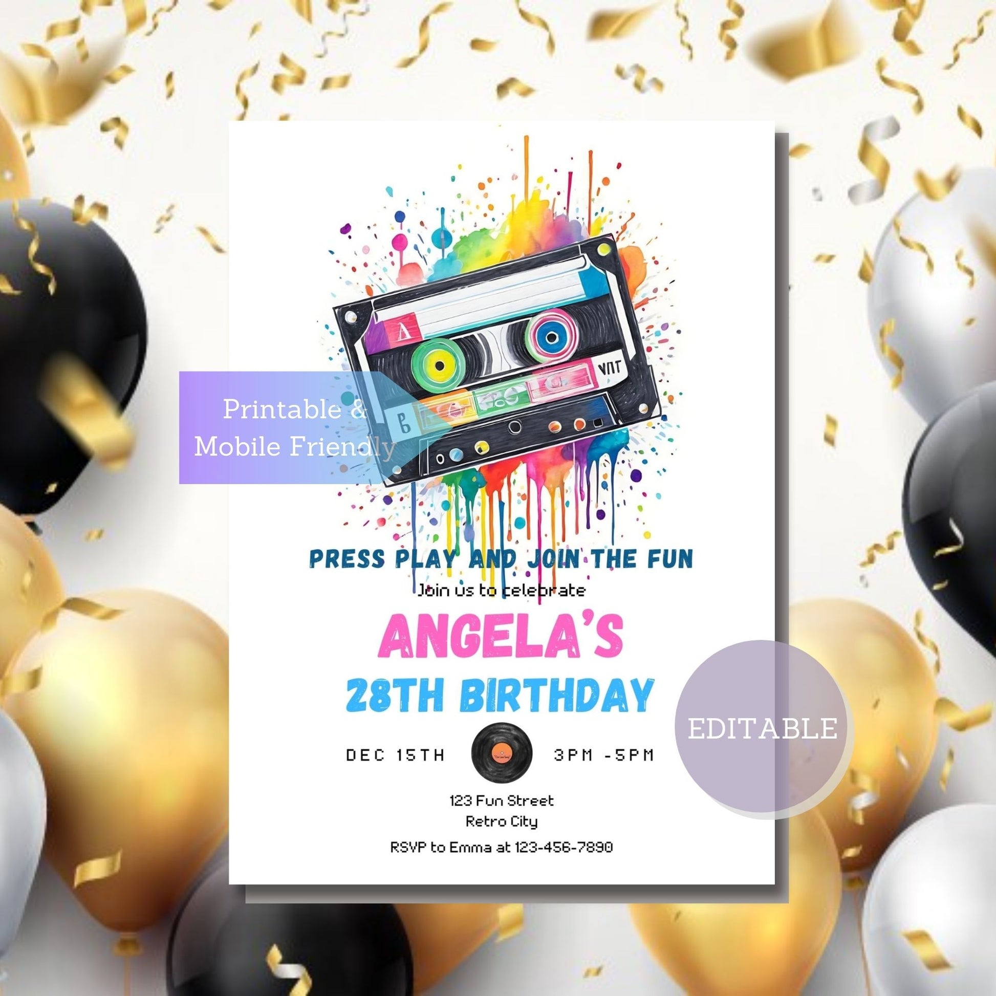 Retro-style invitation with a cassette tape design, suitable for dance parties or nostalgic gatherings.