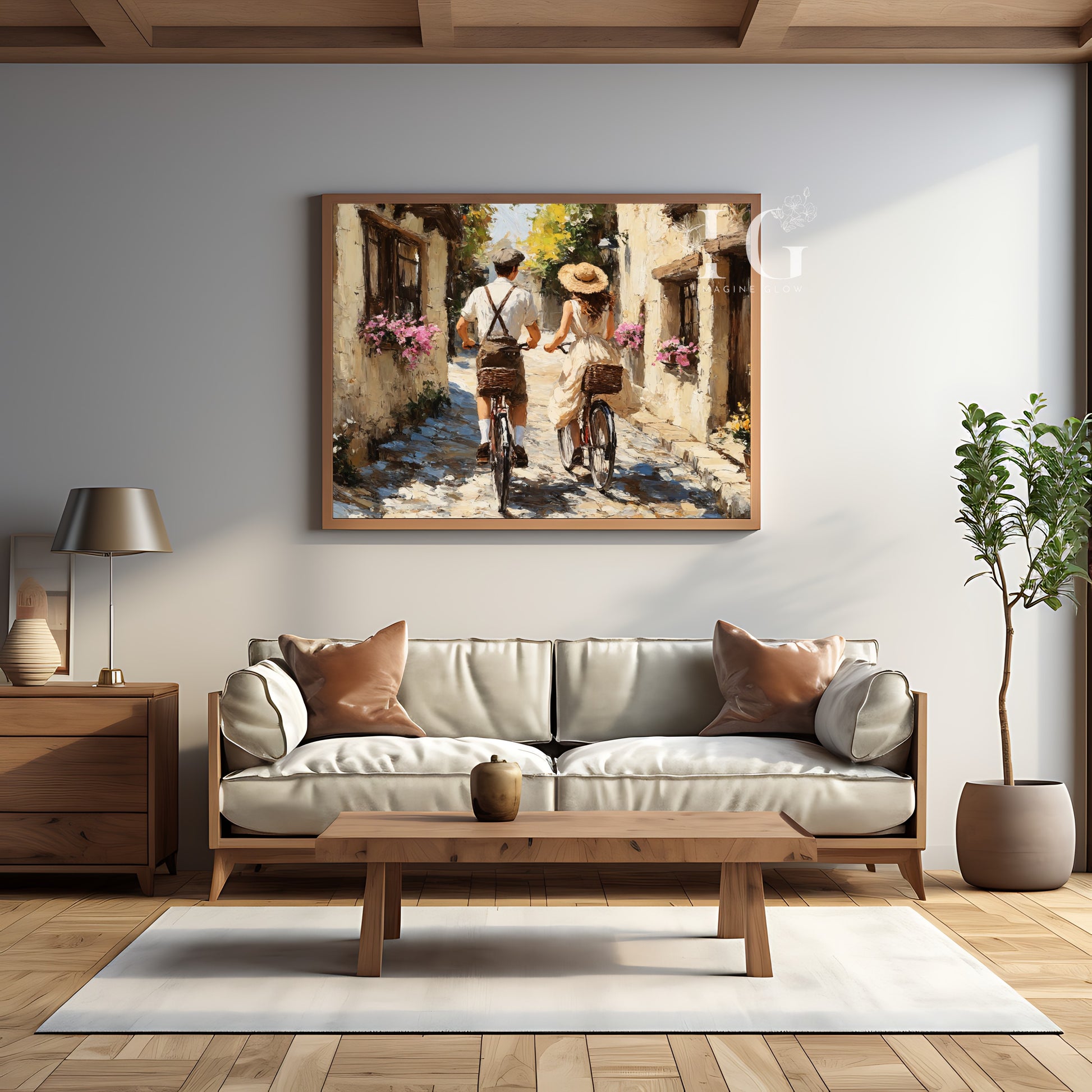 Vintage-inspired romantic painting featuring a couple on bicycles in a charming cobblestone village
Old-fashioned artwork of a romantic bicycle ride in a picturesque countryside setting