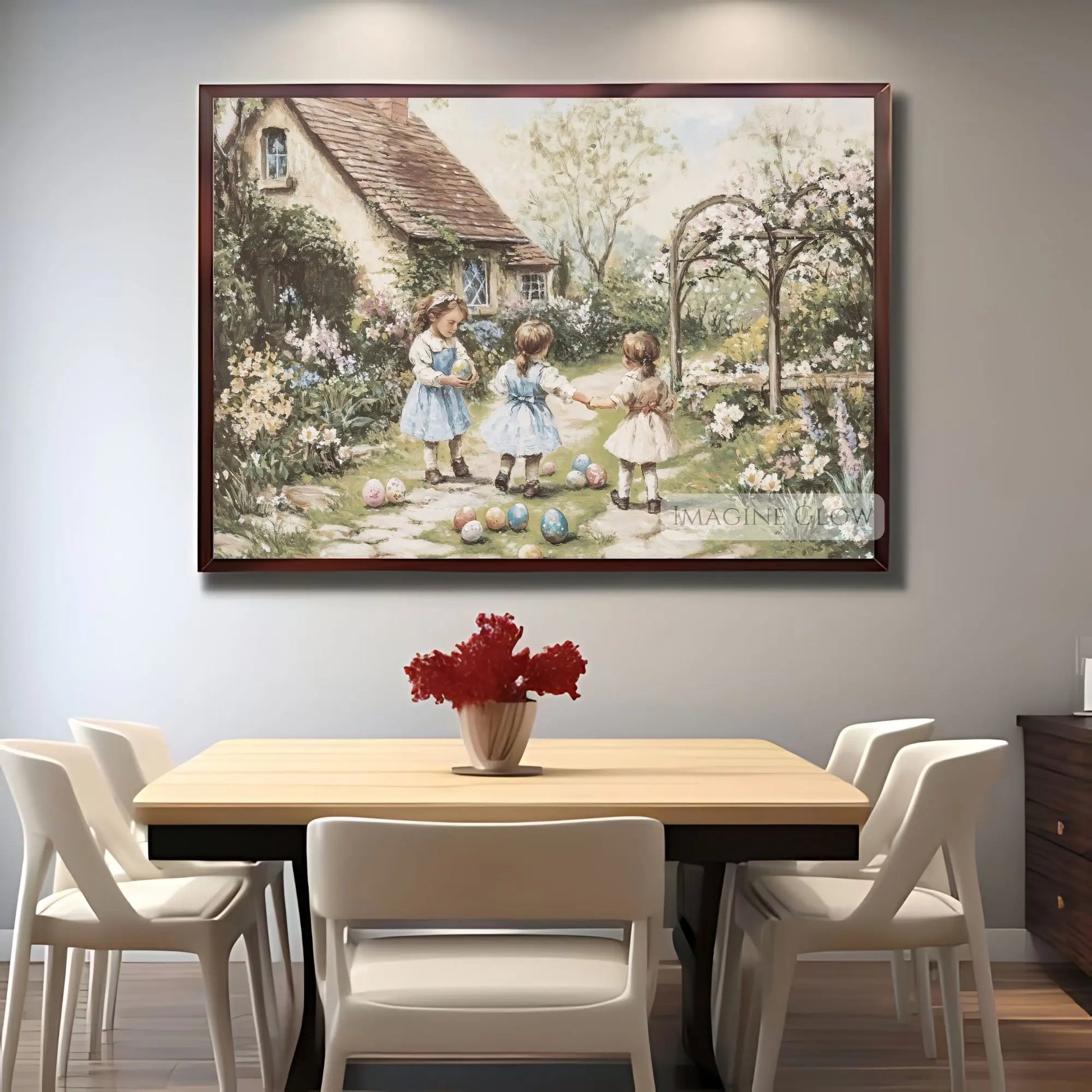 Blooming spring garden with children on a nostalgic egg hunt.