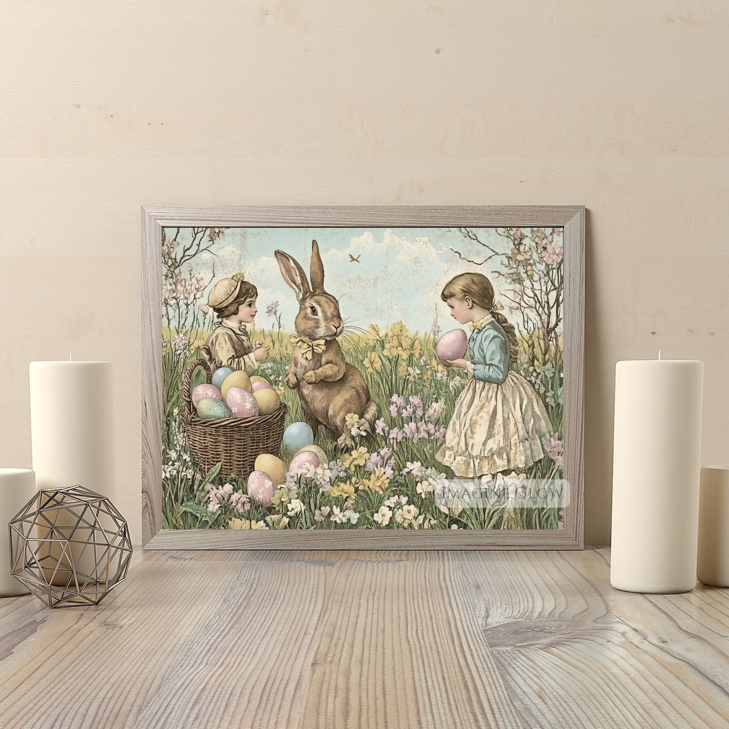 Victorian-style Easter egg hunt illustration for school.