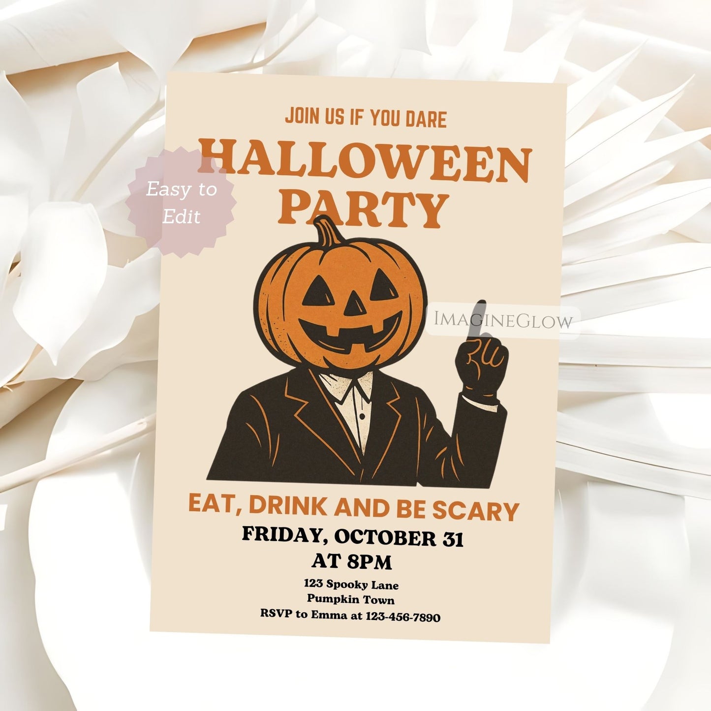 vintage halloween invitation with pumpkin head
editable retro halloween party invite
pumpkin-headed man halloween invitation