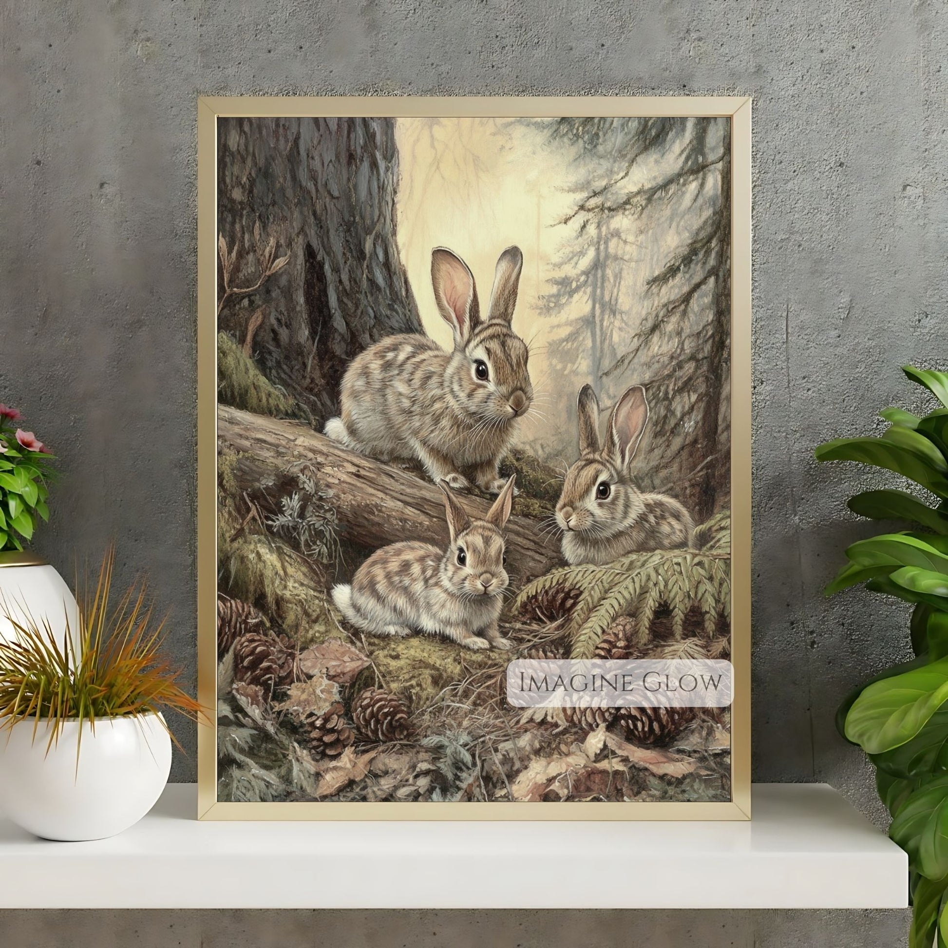 Countryside rabbit family vintage art print.
