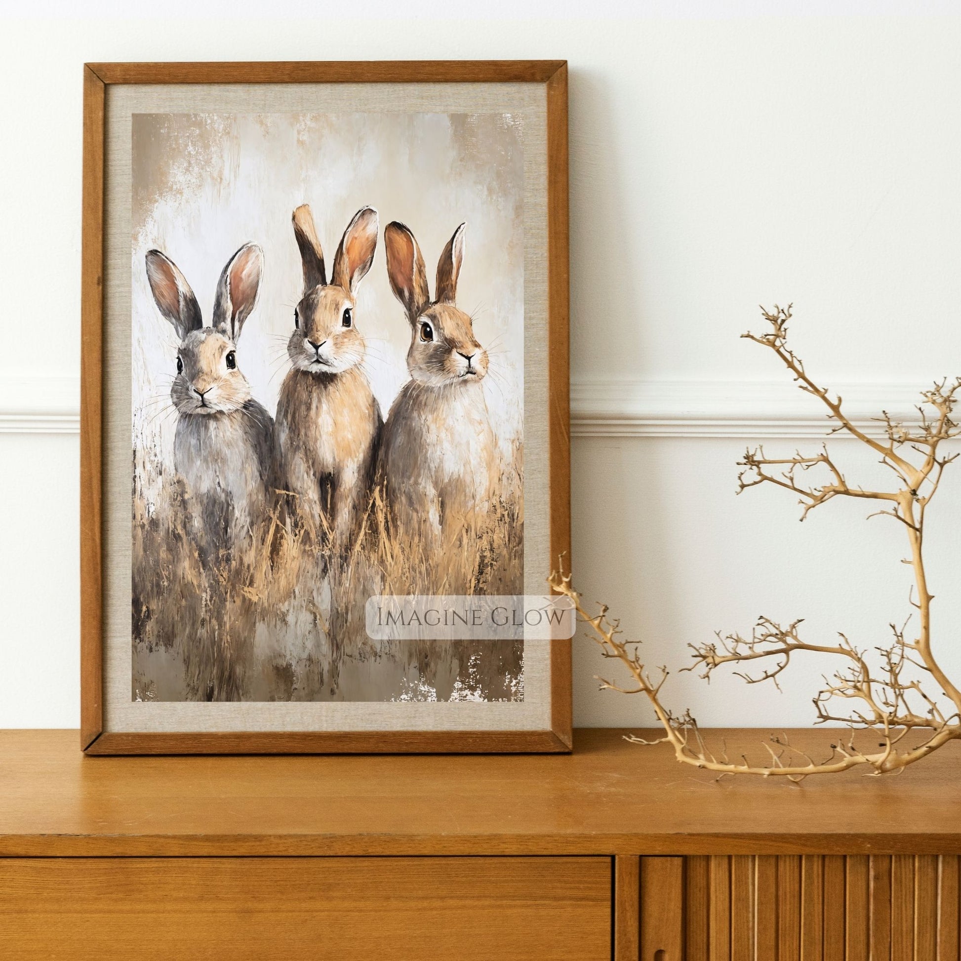 Nature-inspired three bunnies wall decor
Classic rabbit illustration with three bunnies in grass