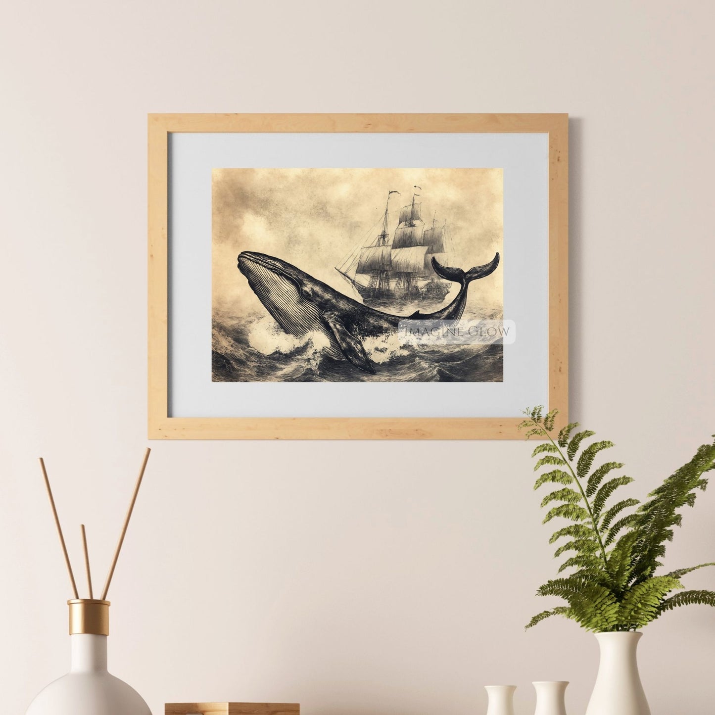 Sea adventure artwork featuring whale and ship.