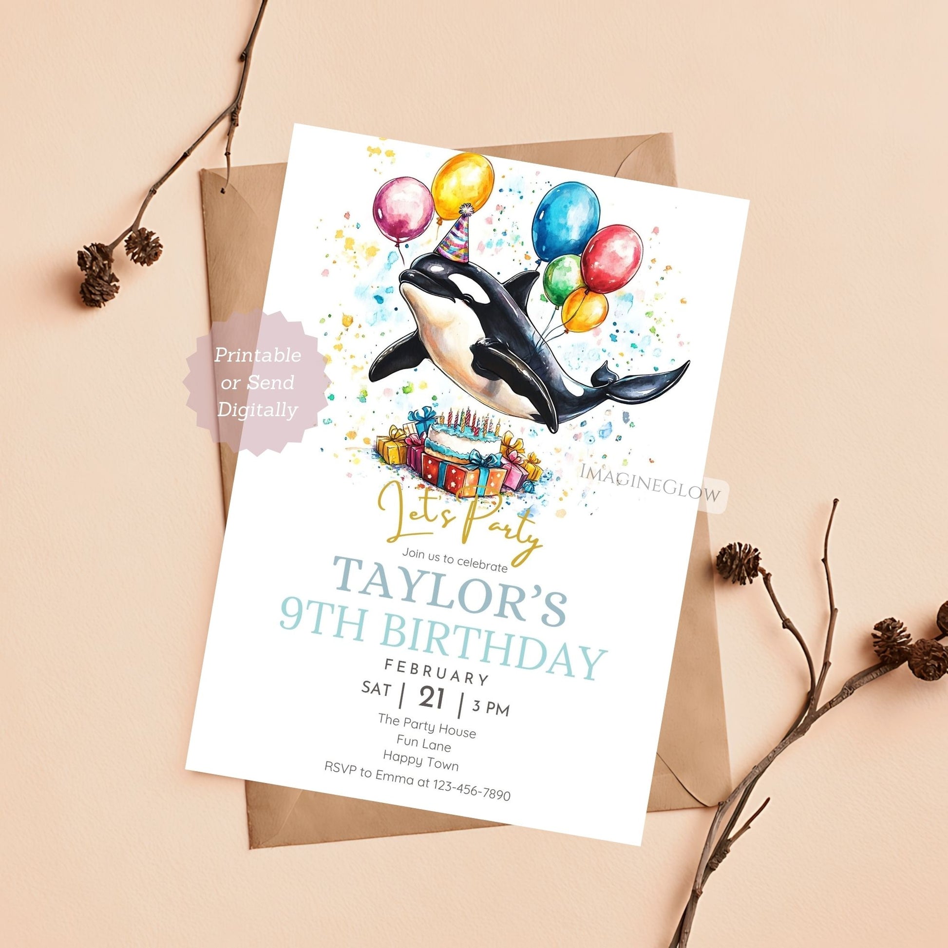 Orca Birthday Invitation for kids
Killer whale party invite