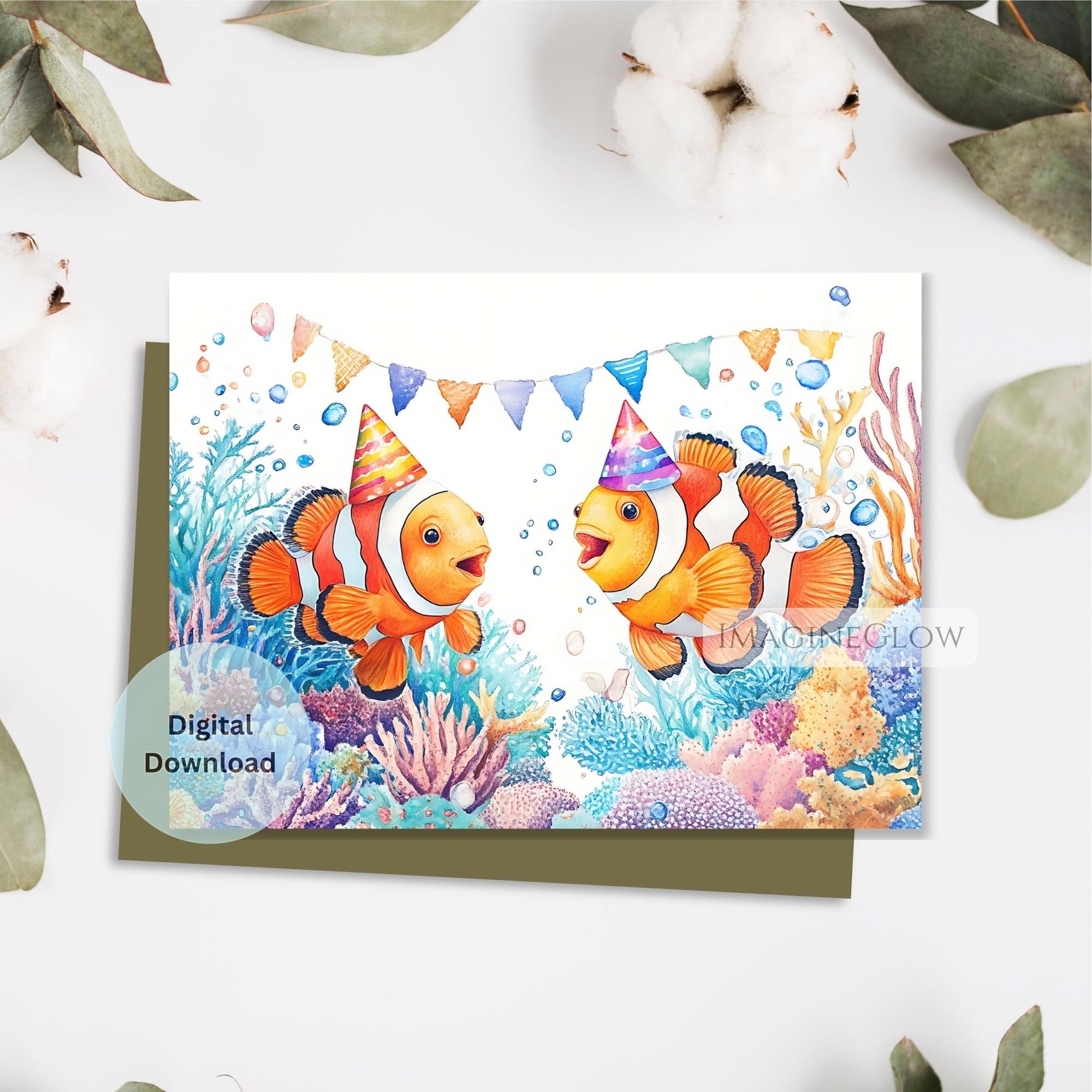 Digital download card with clownfish design on a white background