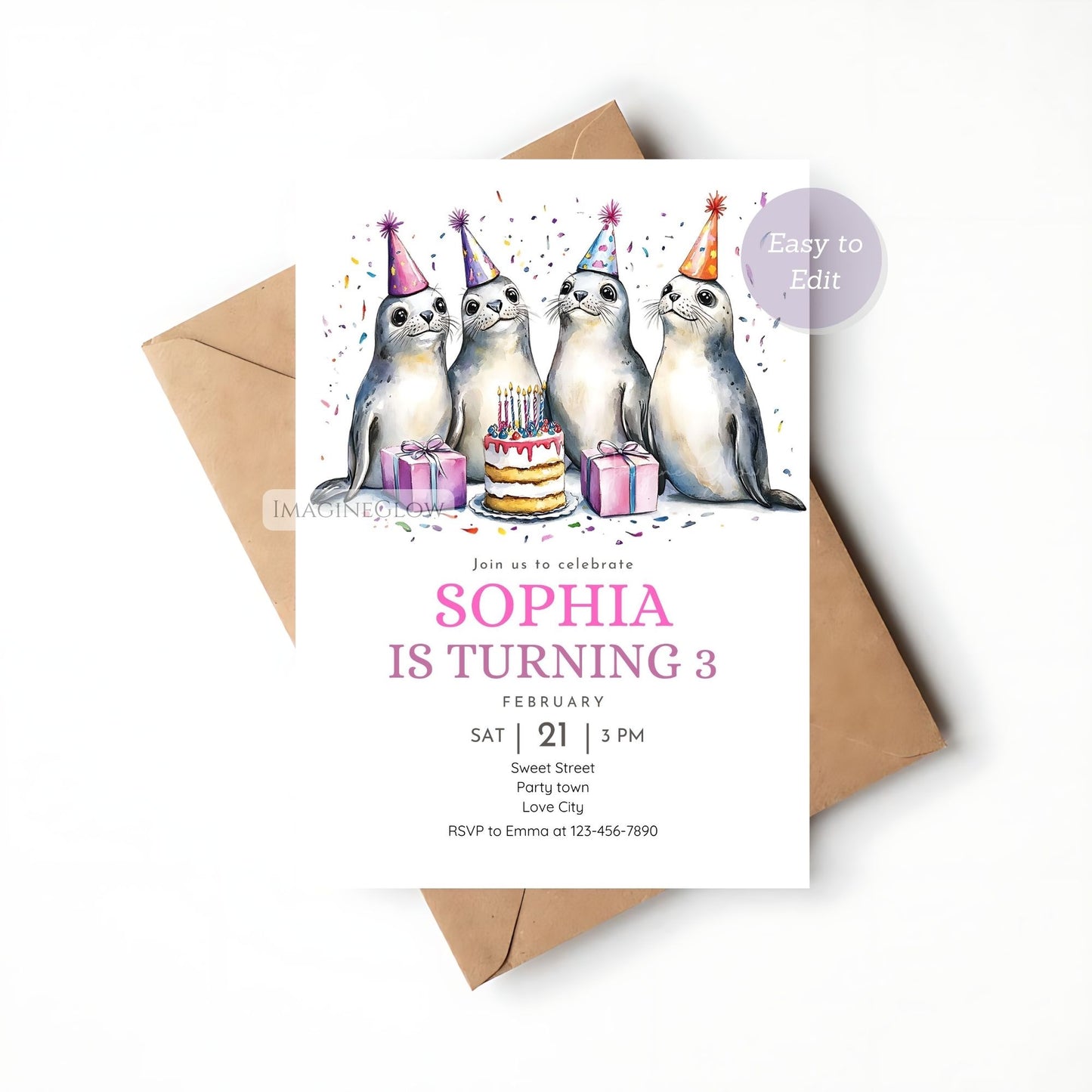 Seal Birthday Invitation - Cute Ocean Animal Party Invite Template