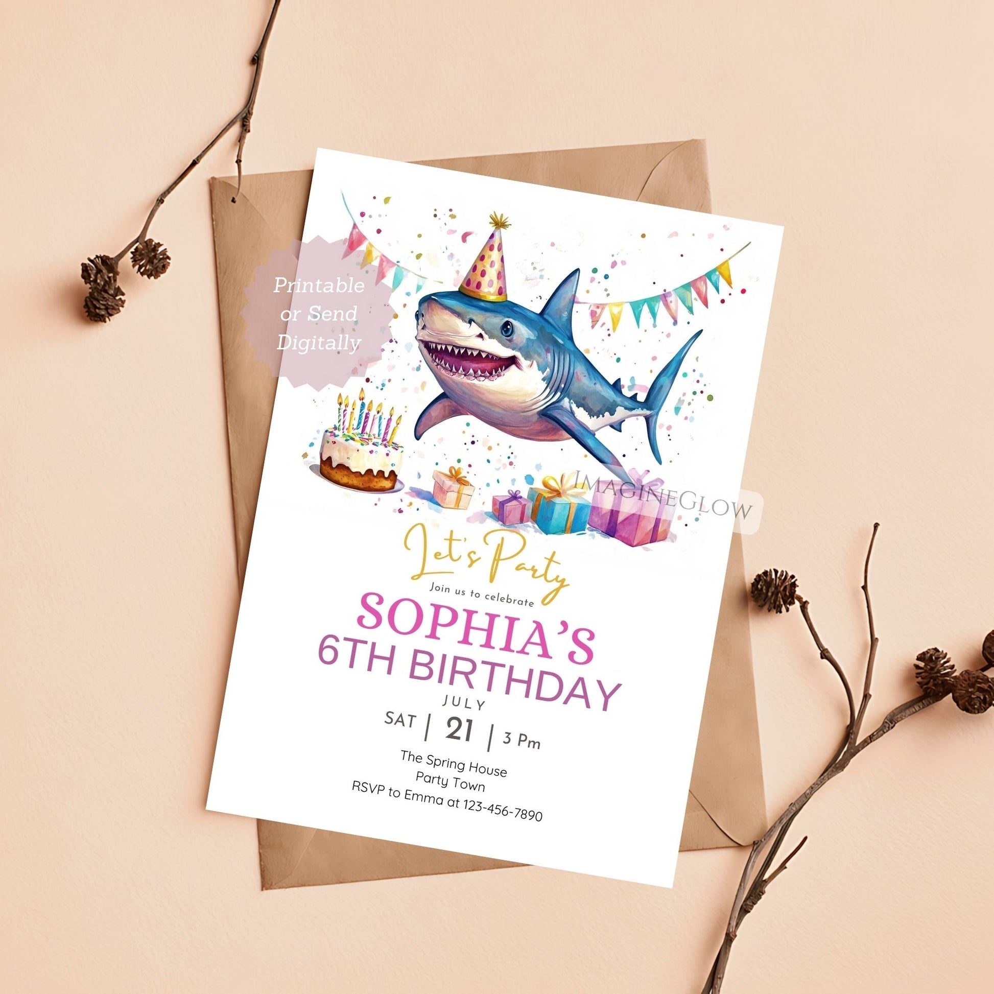 Birthday party invitation with shark design on a beige background
