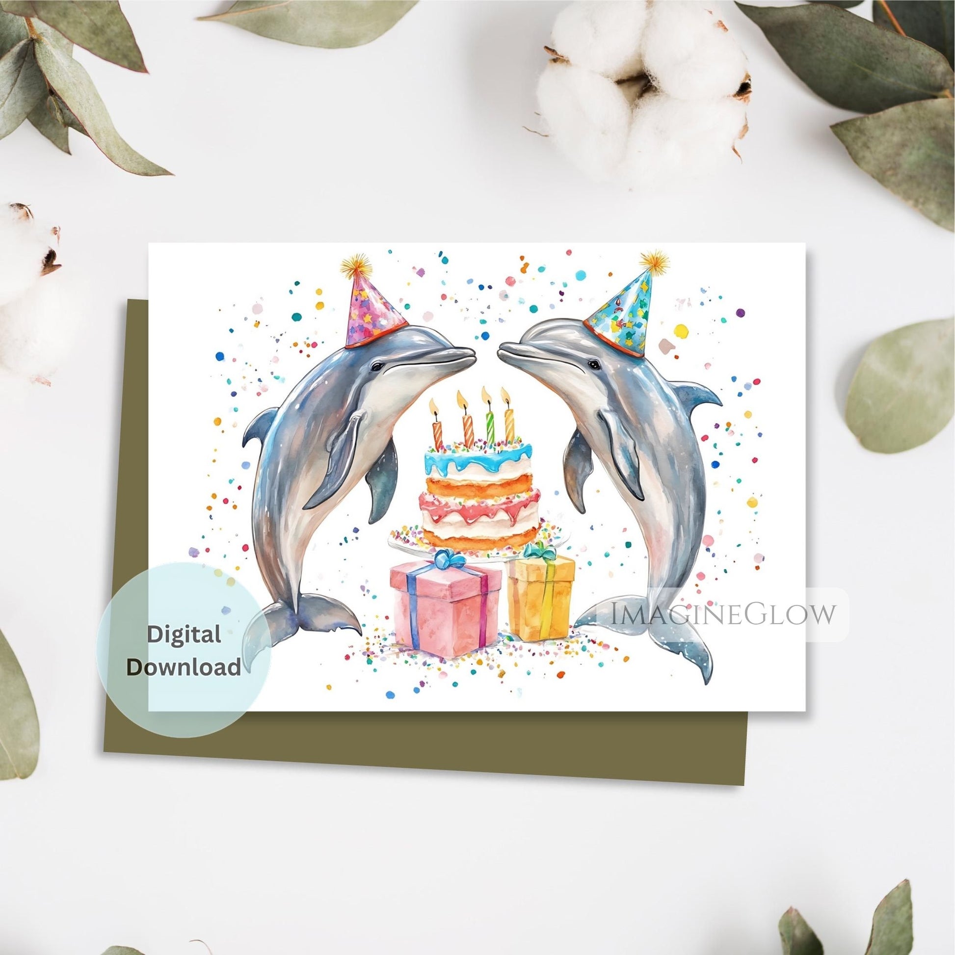Birthday card with dolphins and a cake on a white background