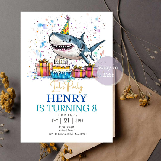 Cute shark birthday invitation template for boys and girls.