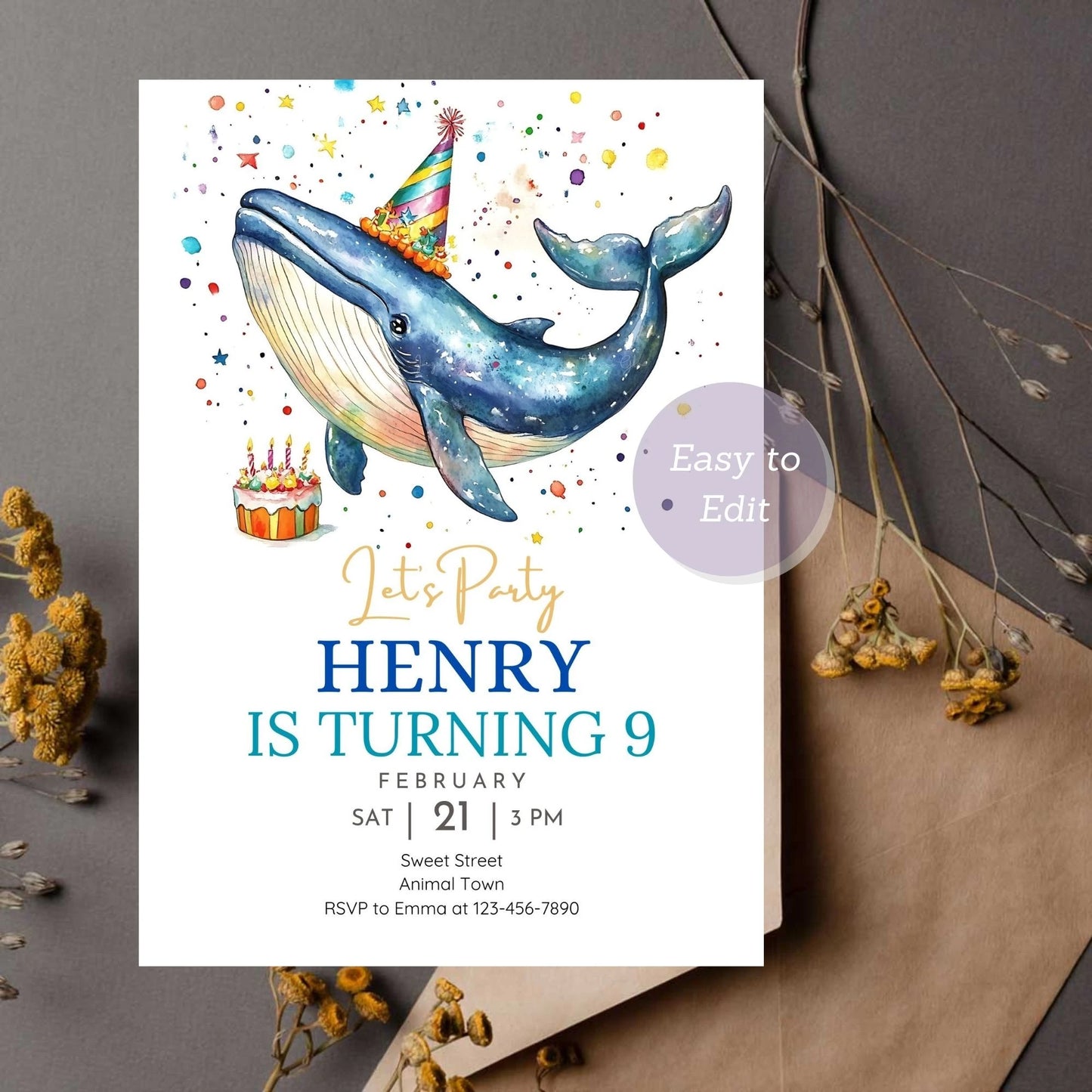 Kids whale birthday invite with editable details.