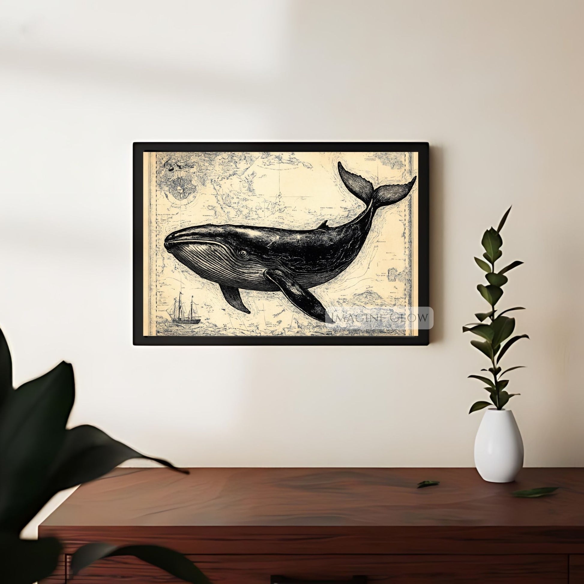 Classic ocean whale sketch wall art.