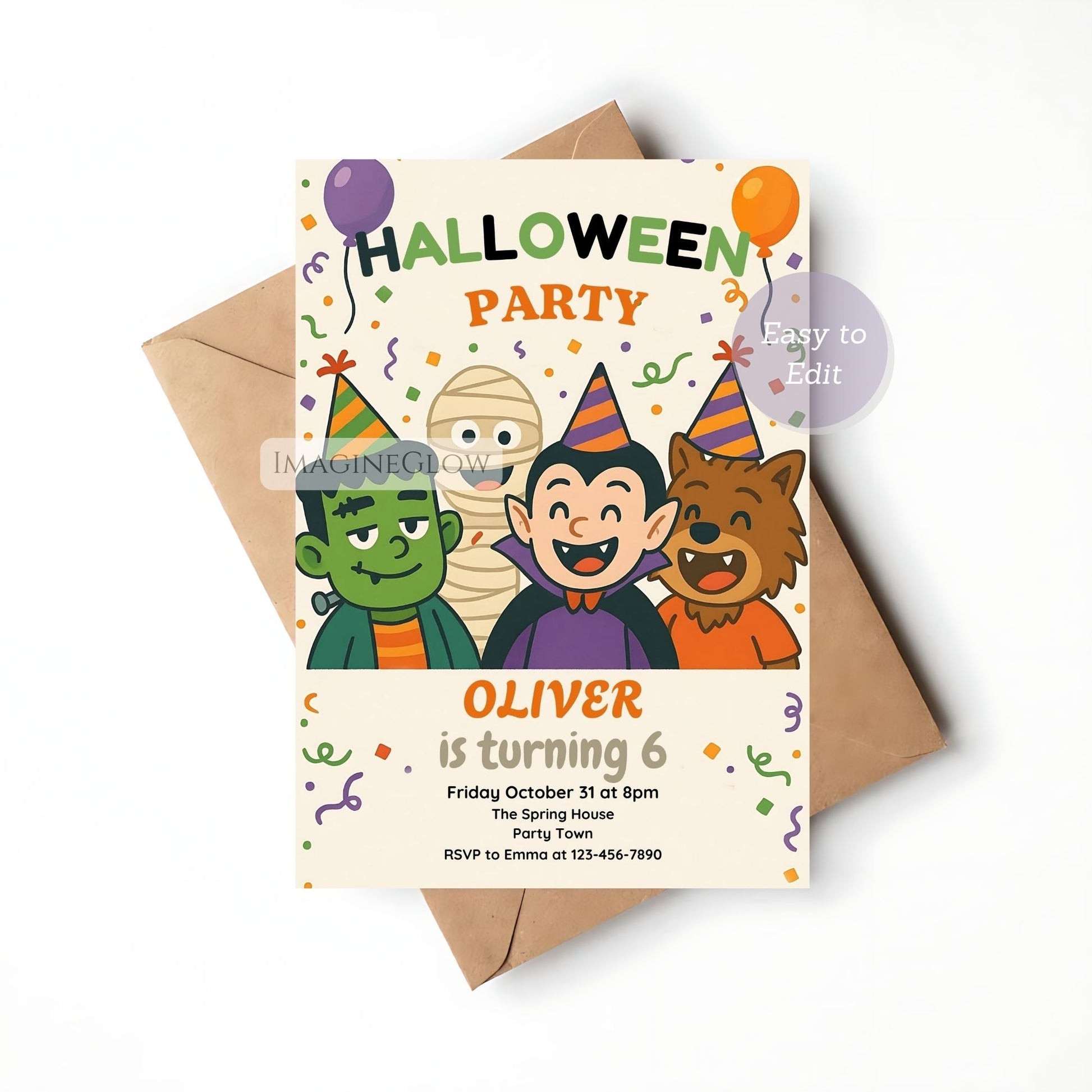 Halloween party invitation with cartoon characters and envelope on a white background