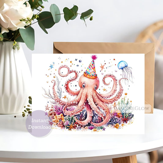 Illustration of a party octopus with a hat on a card, surrounded by coral.