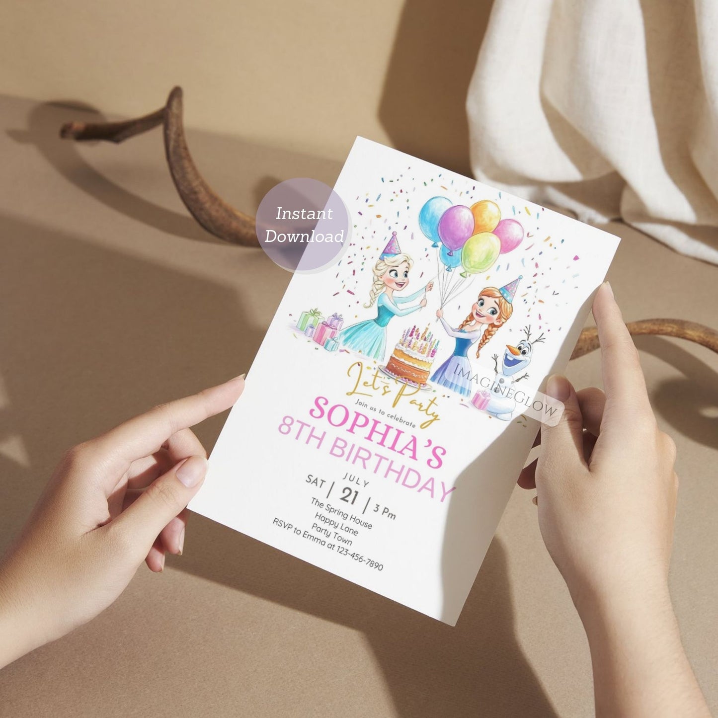 Cute Olaf invitation for Frozen birthday party
Ice blue Frozen party invite with princess sisters