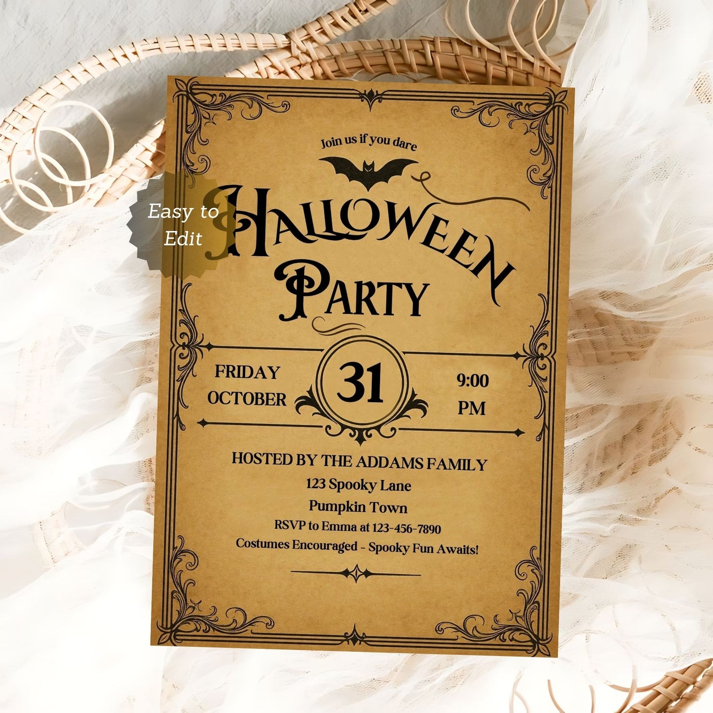 Halloween party invitation card with vintage design on a textured surface