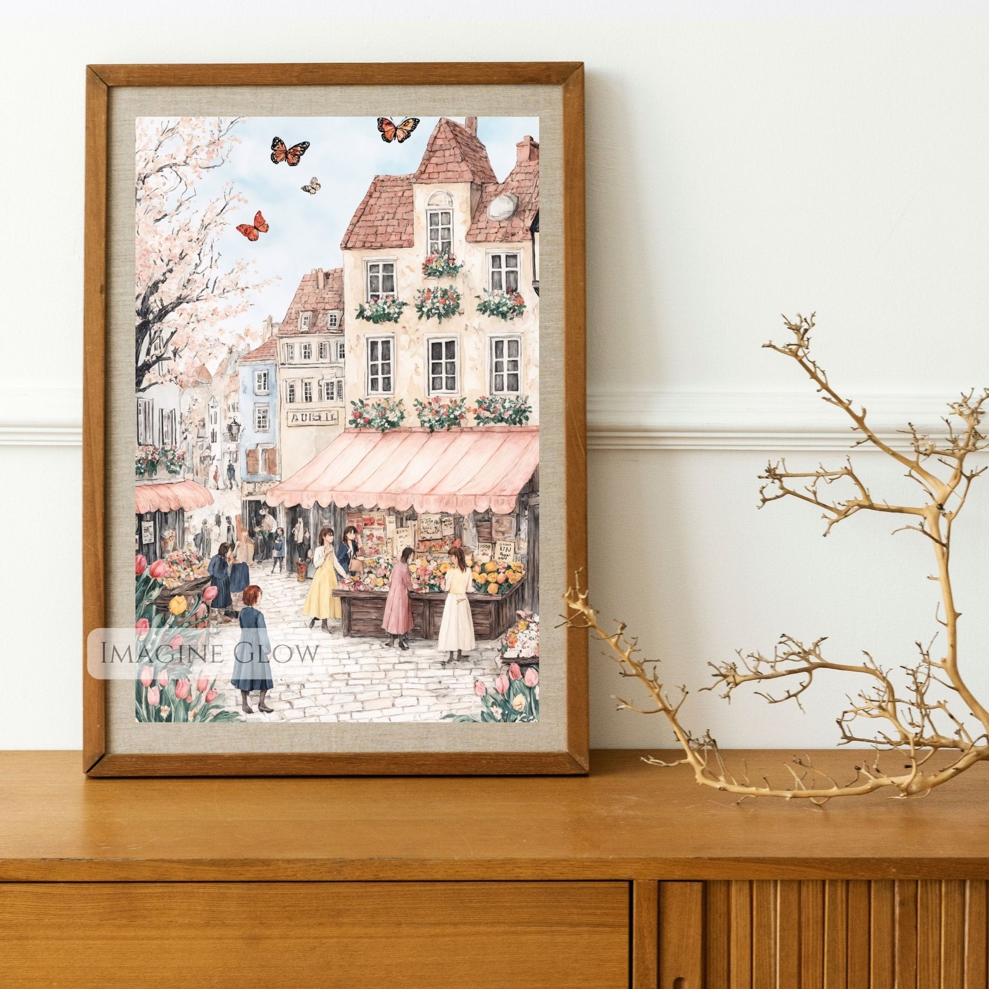 Soft Pastel Spring Art with Old Town and Flowers