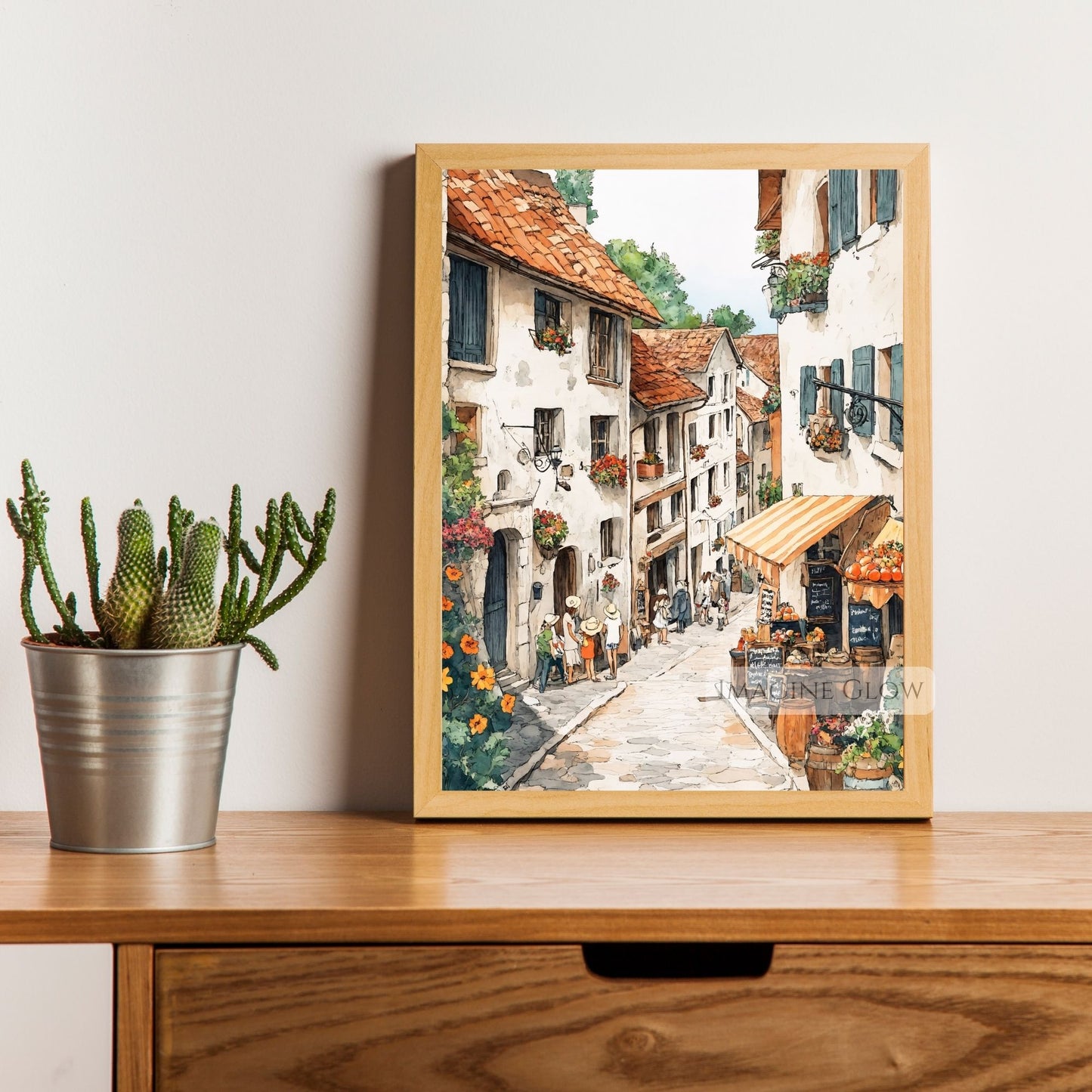 Hand-drawn spring flower market with cobblestone streets and pastel hues.
