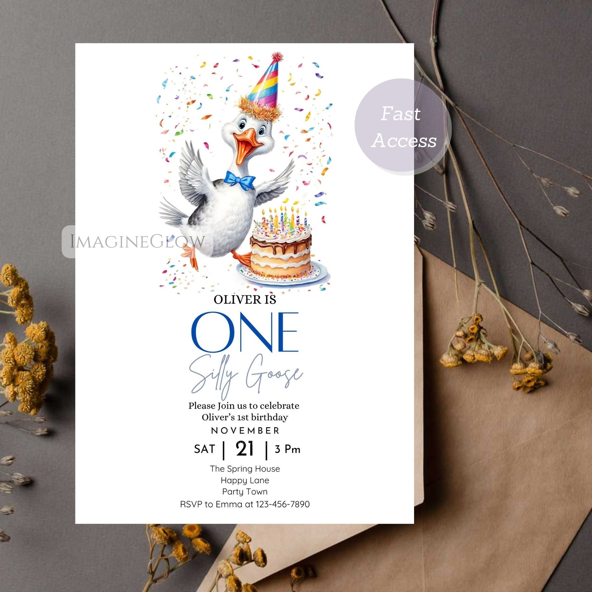 Whimsical goose-themed birthday invite for toddler
Printable first birthday invite for baby boy