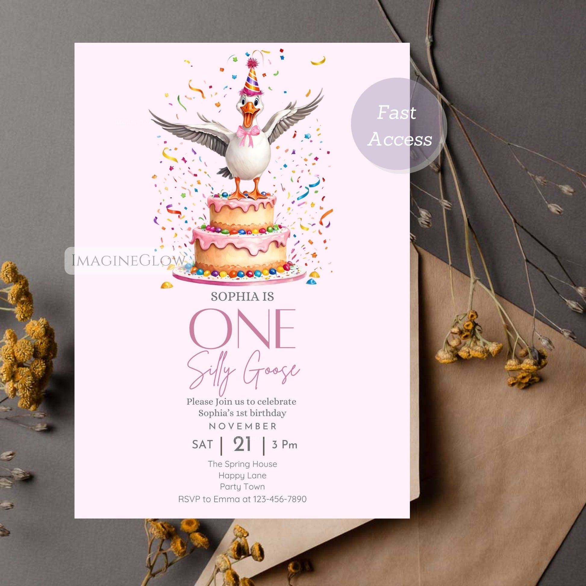Fun and playful goose first birthday invite