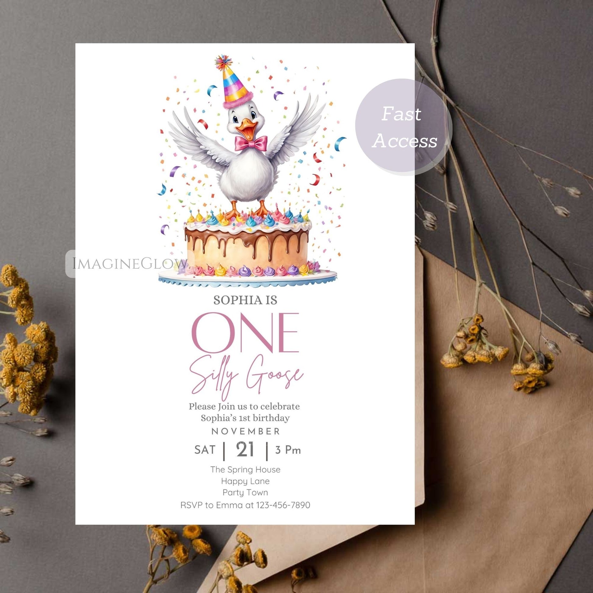 Cute first birthday goose invitation
Editable digital first birthday invite
Silly goose themed baby’s first birthday