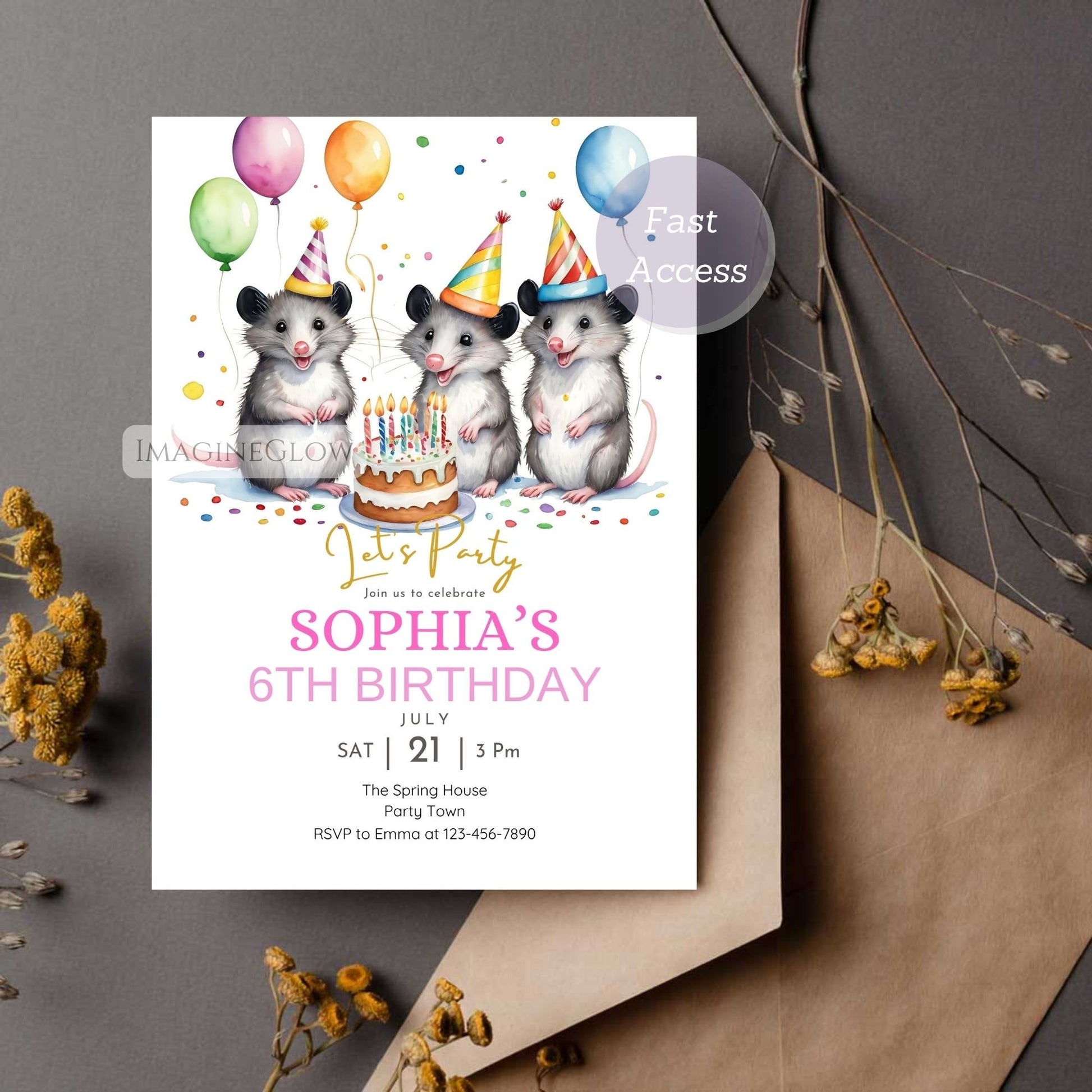 Birthday invitation card with cartoon possums and birthday cake on a white background