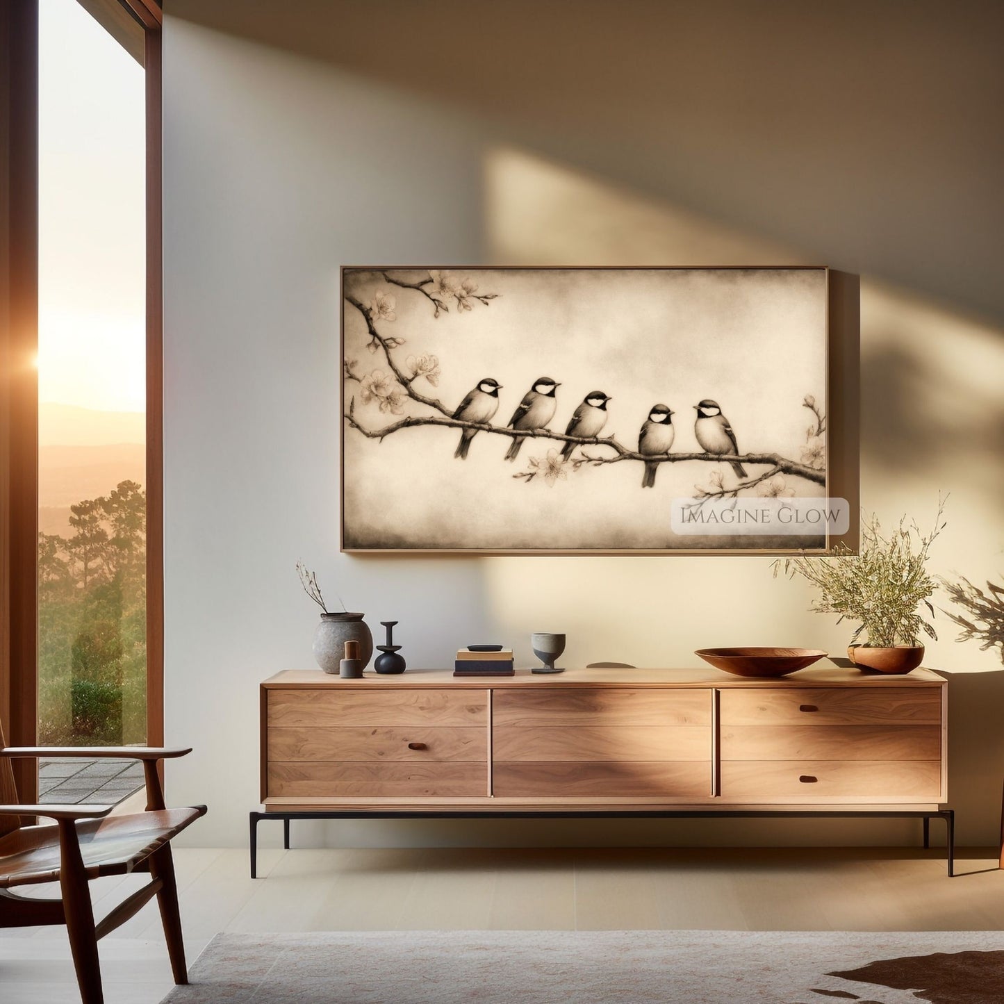 Rustic birds on a branch TV wall decor