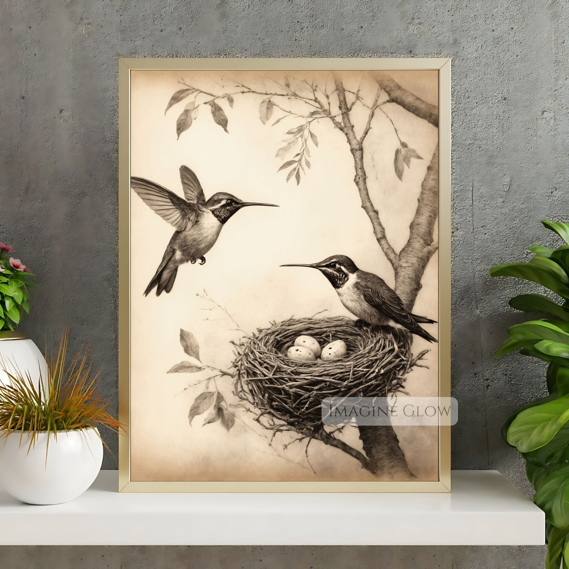 Two hummingbirds and eggs nature-inspired artwork