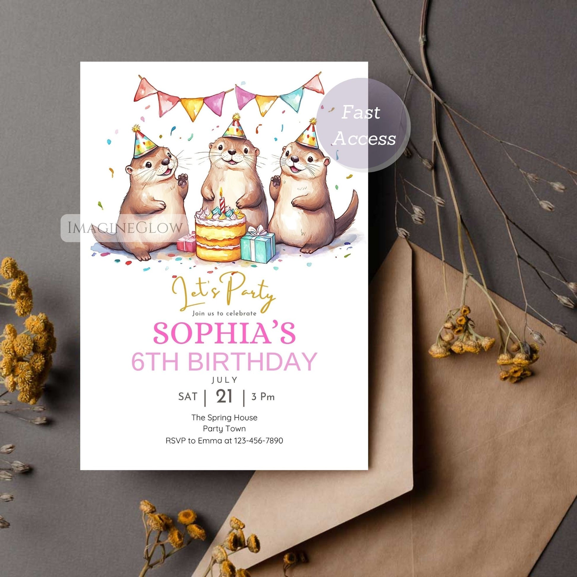 Birthday invitation card with cartoon otters and cake on a gray background