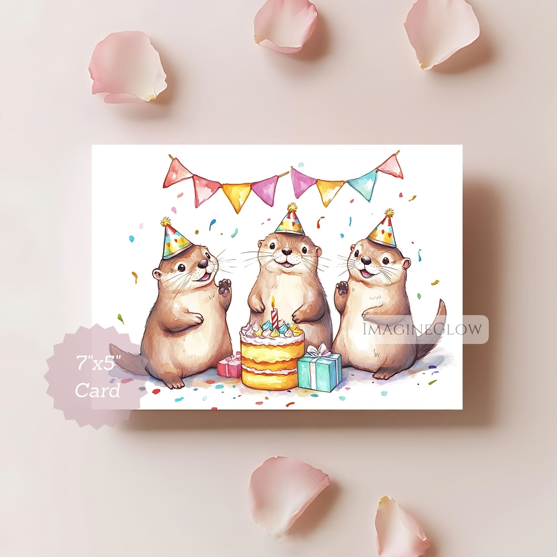 Birthday card with cartoon otters and a cake on a light pink background