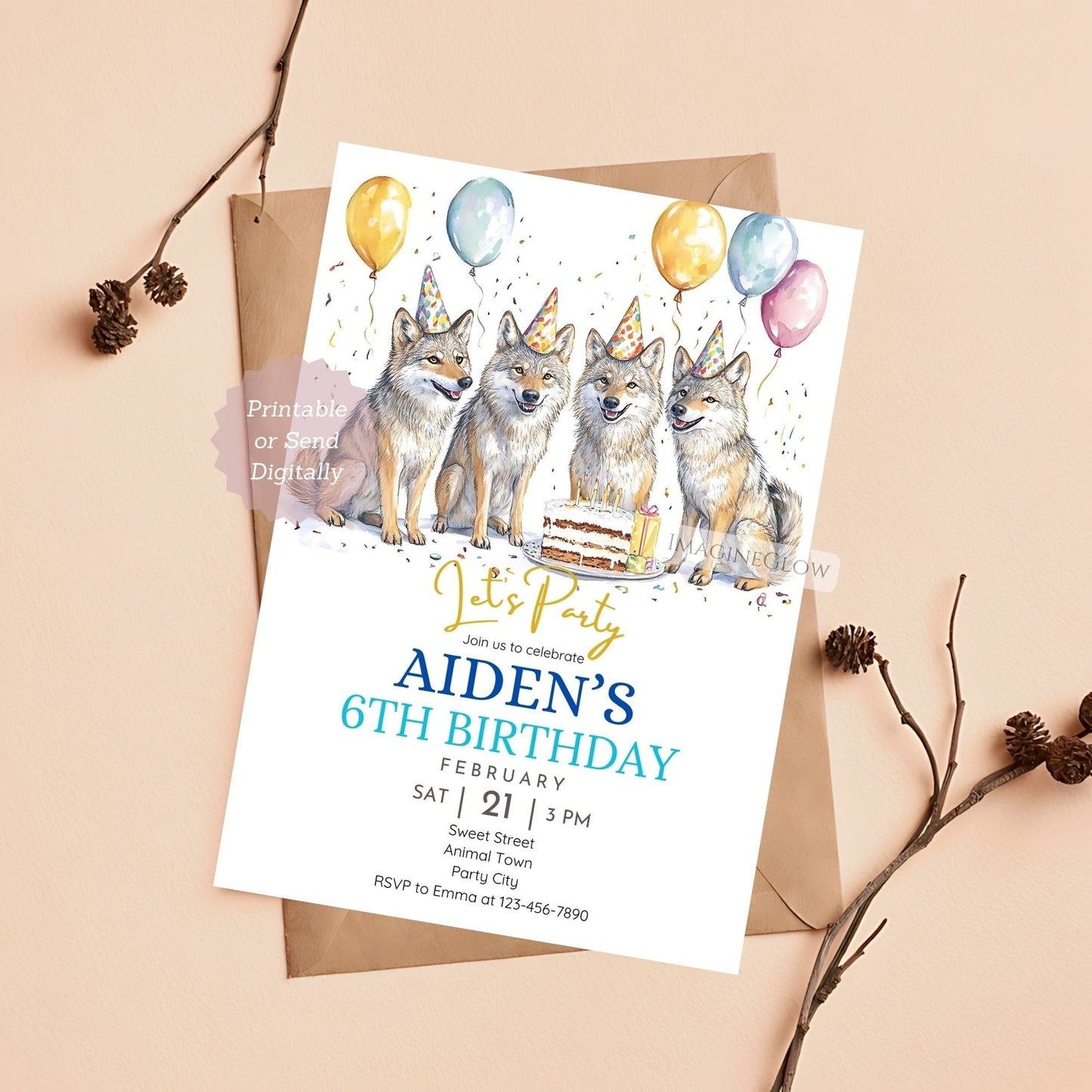 Camping birthday wolf invitation