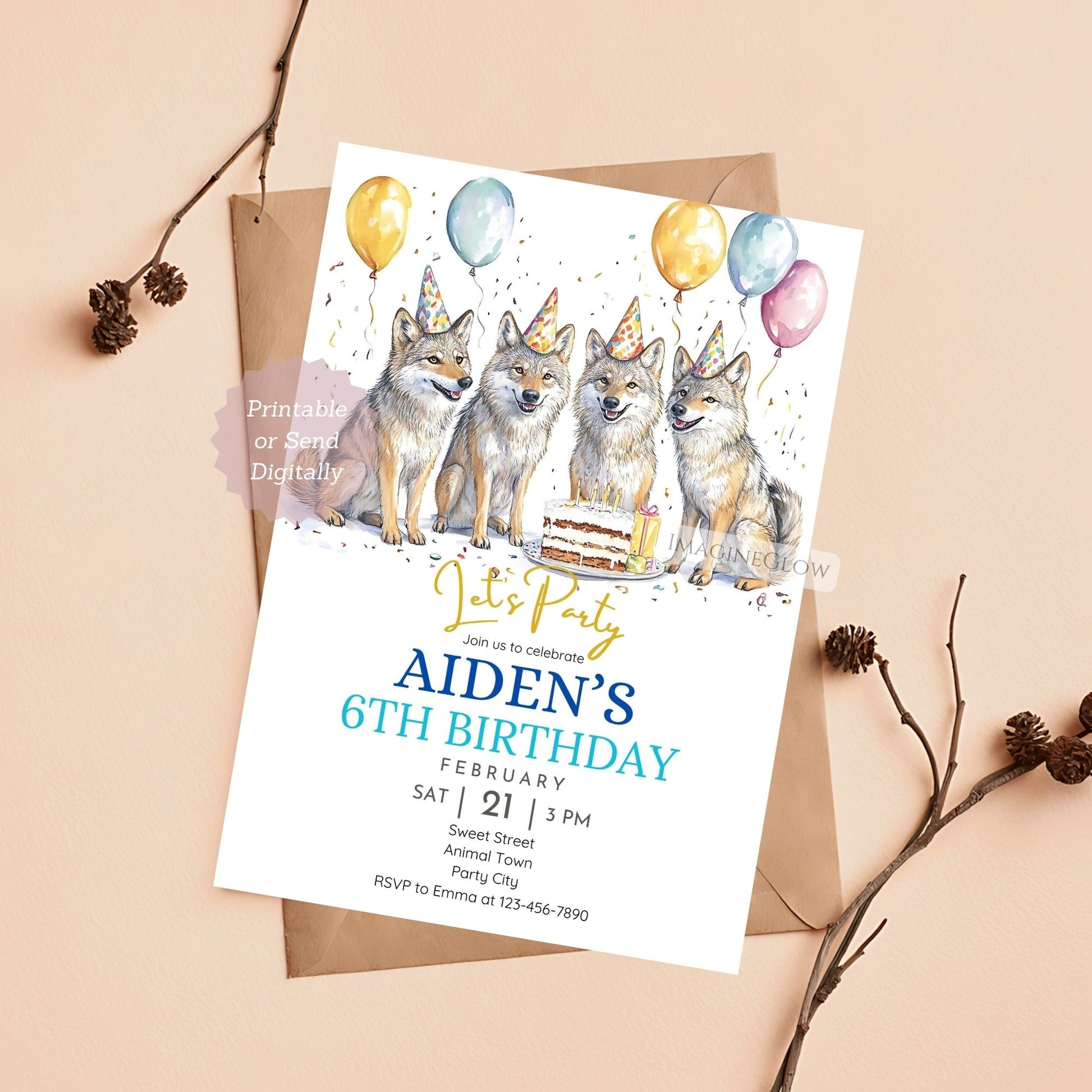 Camping birthday wolf invitation