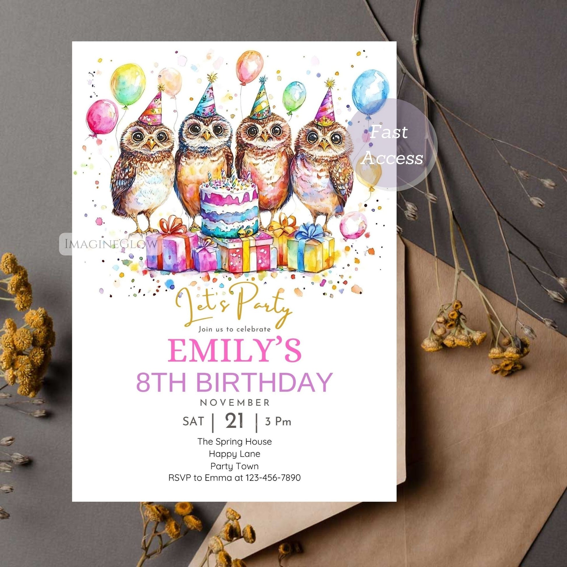 Owl Birthday Invitation for kids
Woodland animal party invite with an owl