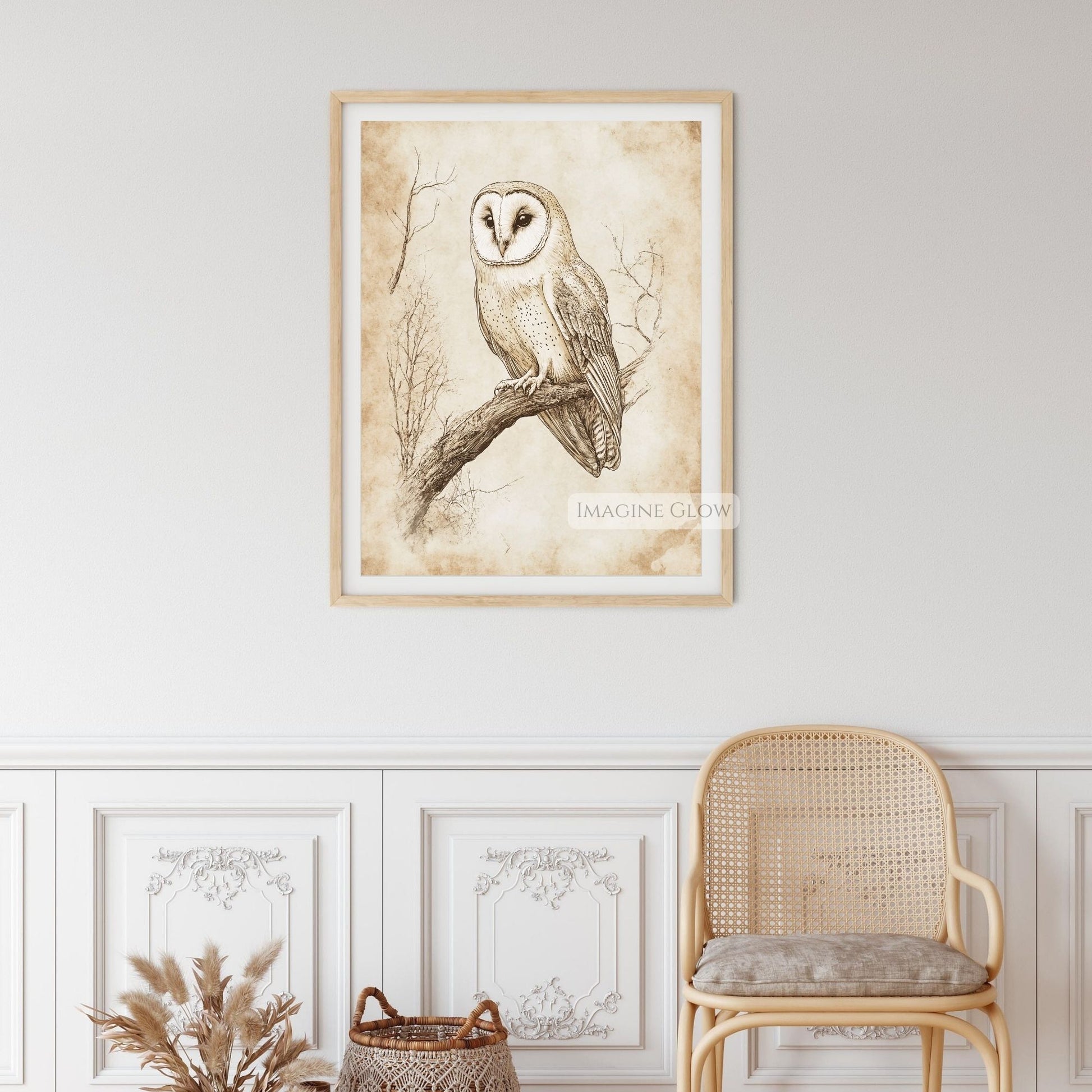 Nature-inspired owl sketch print for cabin walls.