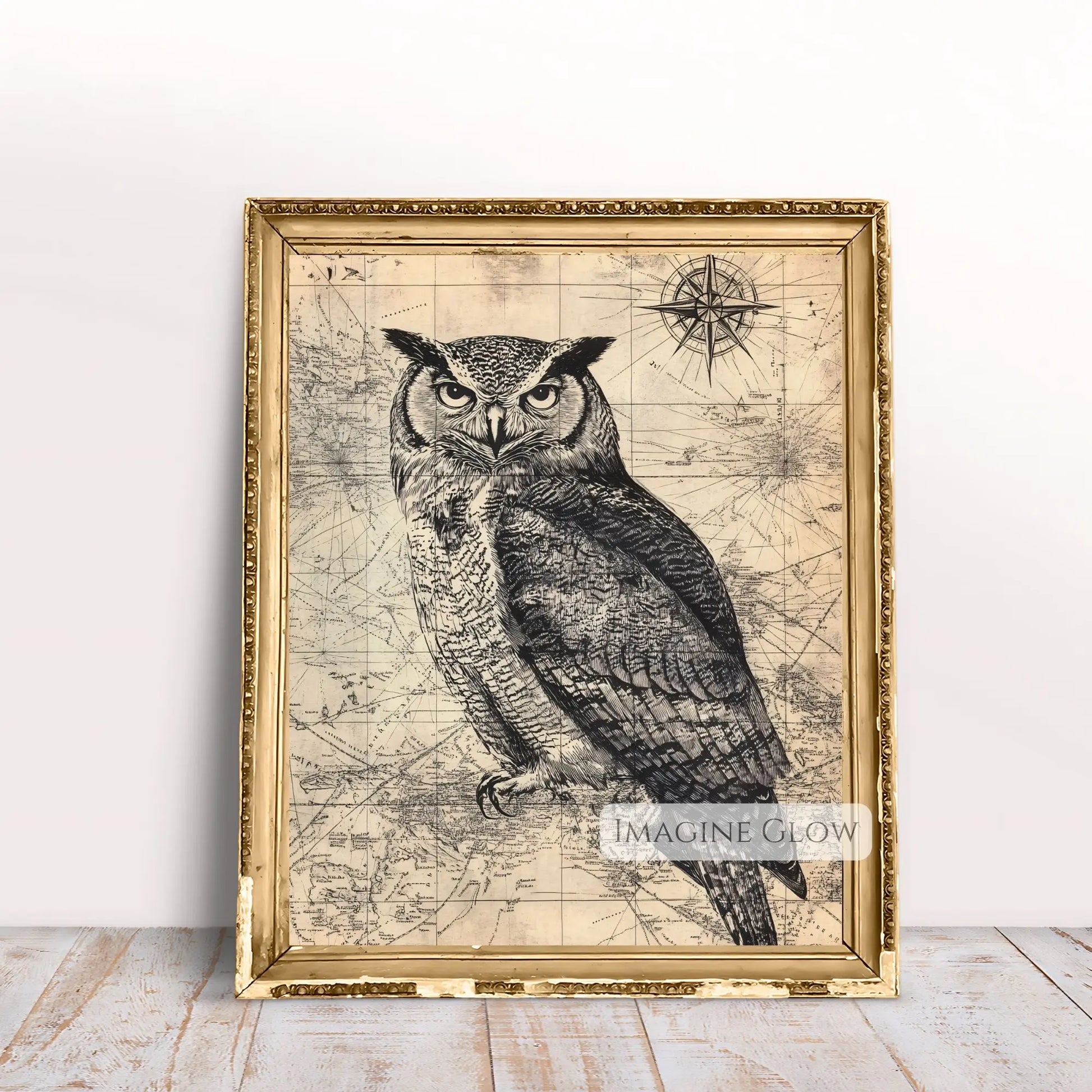 Owl on vintage world map nature wall art