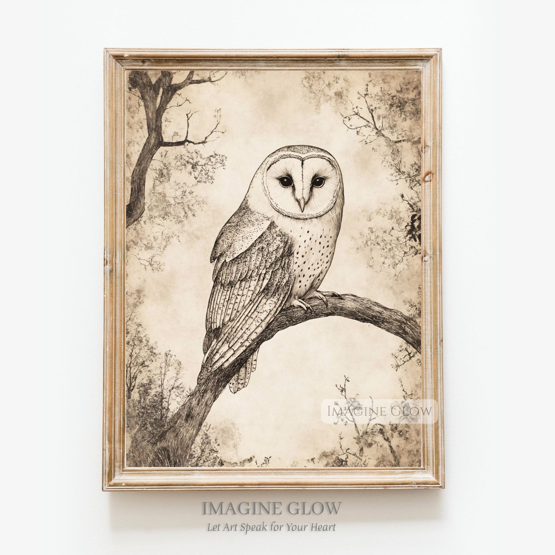 Rustic owl sketch art print for nature-inspired decor.