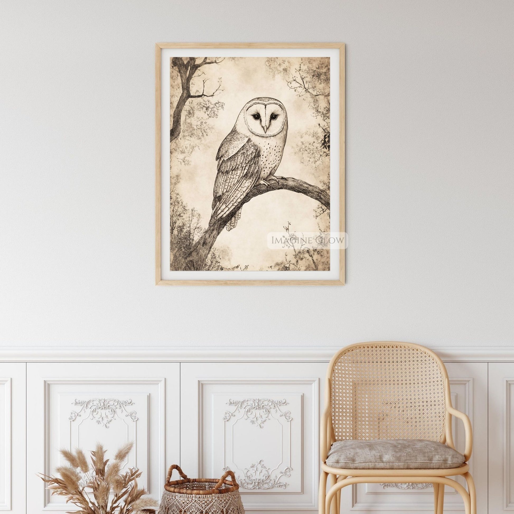 Owl pencil sketch for nature lovers and vintage art fans.