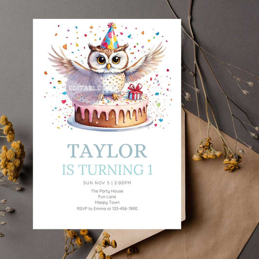 Owls Birthday Invitation Cute Owl Party Invite Woodland Theme Birthday Card Editable Printable Owl-Themed Kids Birthday Invite Custom Owl Party Card