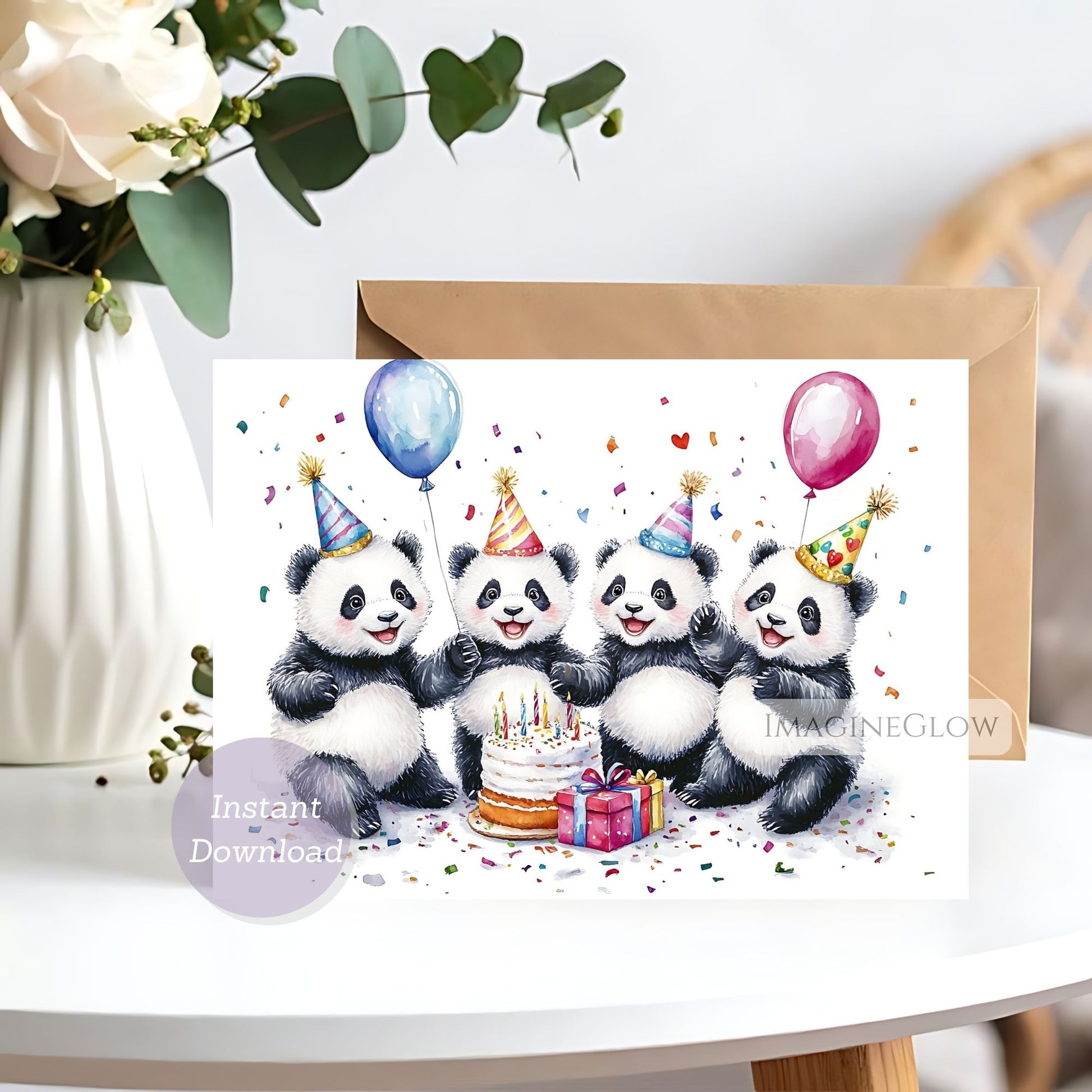 Birthday card with four panda bears in party hats around a cake and balloons, on a white background.