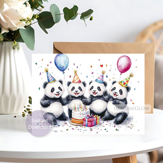 Birthday card with four panda bears in party hats around a cake and balloons, on a white background.