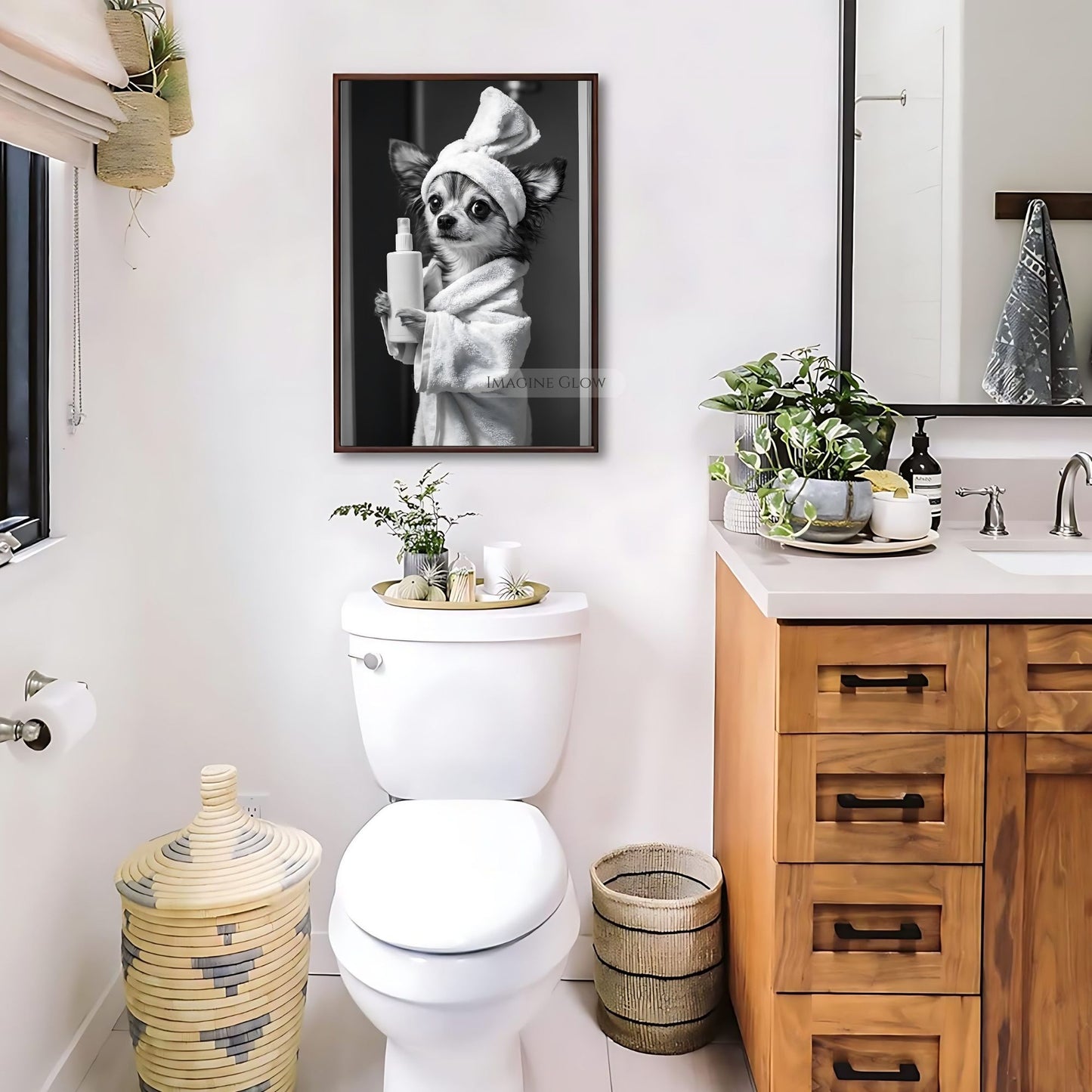 Black-and-white Papillon photo art for bathroom decor