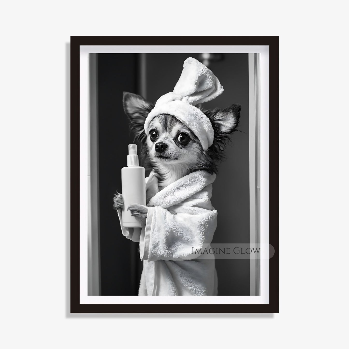 Quirky Papillon bathroom print featuring a dog in a robe