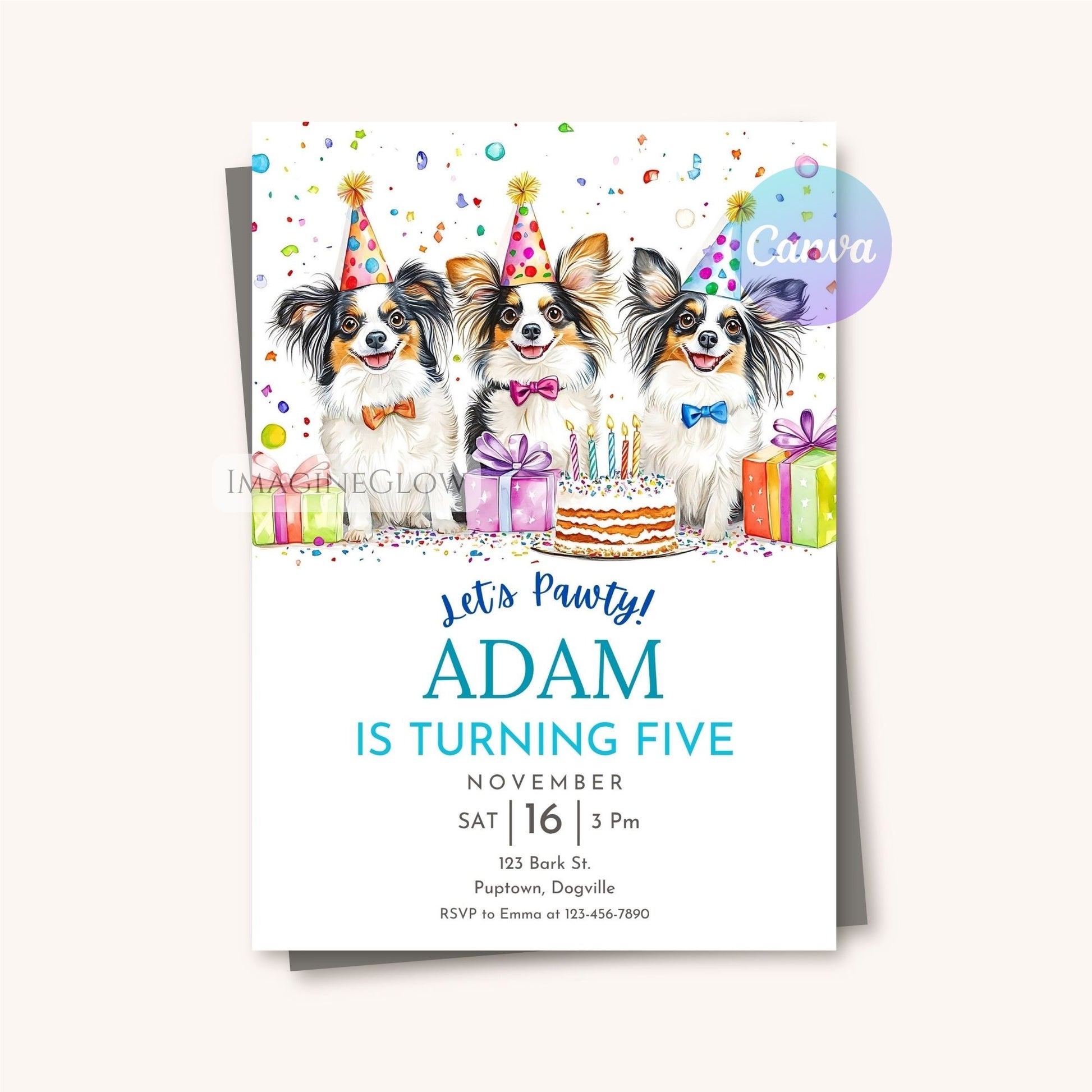 Birthday party invitation with three dogs wearing party hats and a cake.